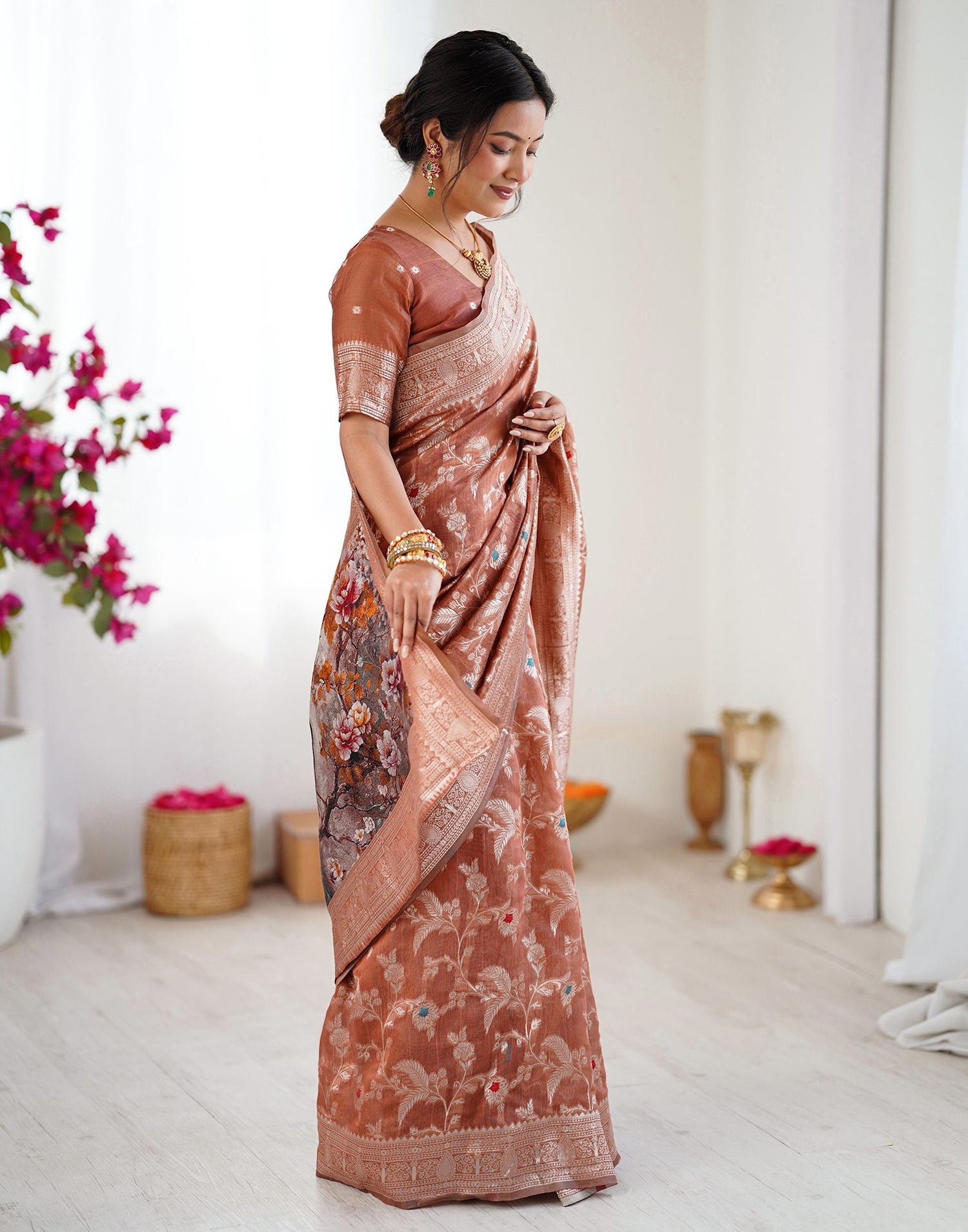 Brown Chanderi Cotton Woven Saree