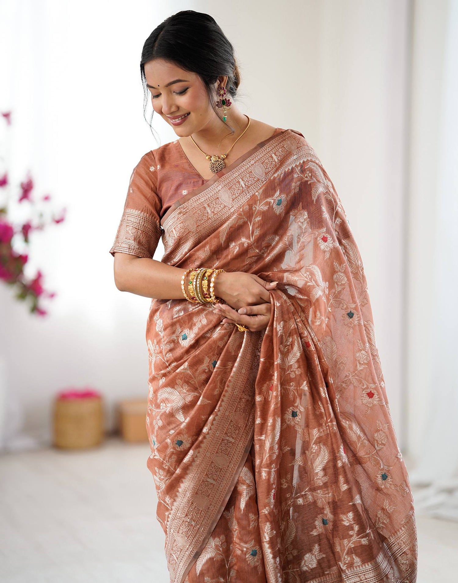 Brown Chanderi Cotton Woven Saree