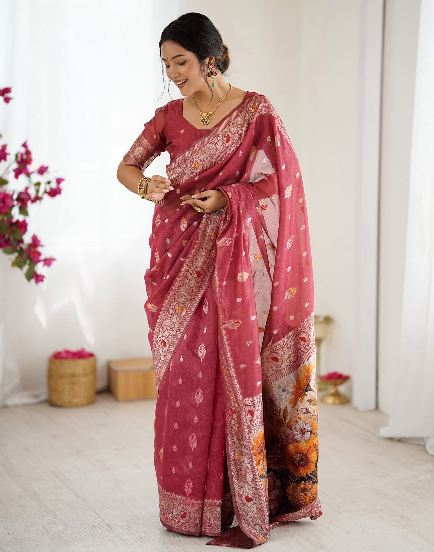Light Red Chanderi Cotton Woven Saree