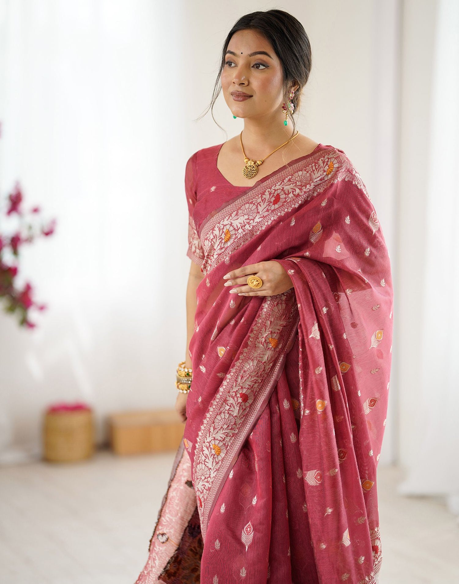 Light Red Chanderi Cotton Woven Saree