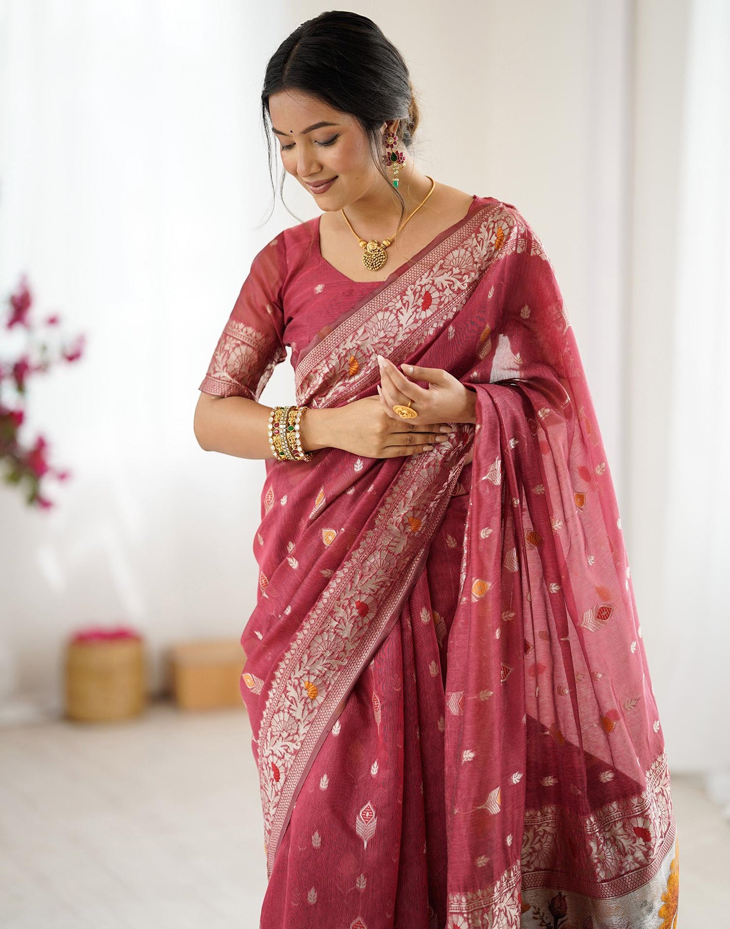 Light Red Chanderi Cotton Woven Saree