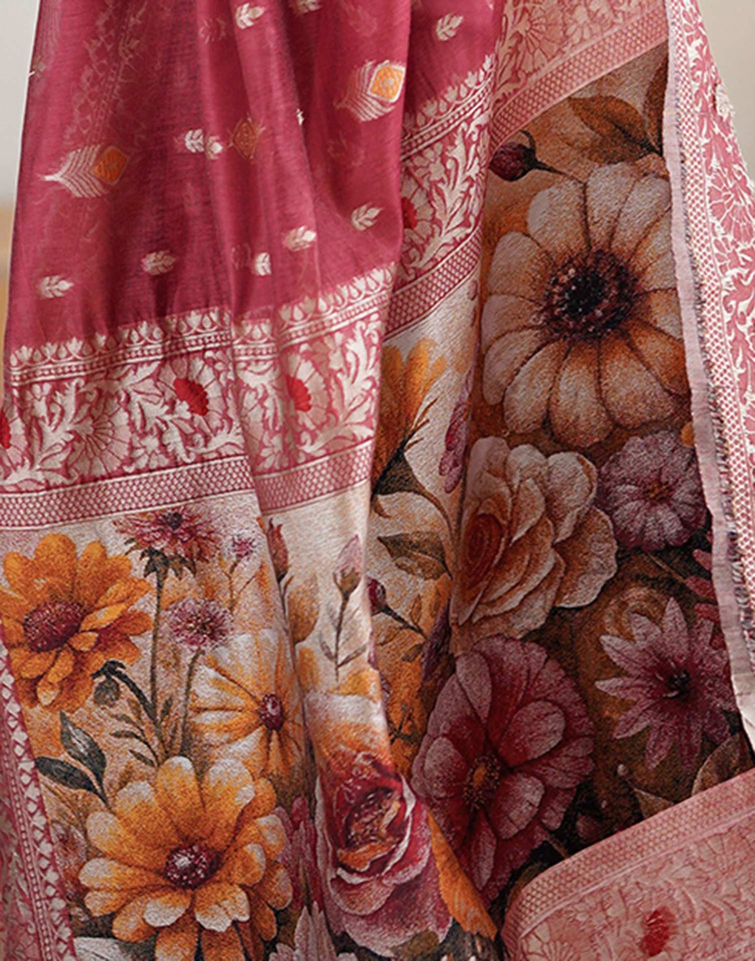 Light Red Chanderi Cotton Woven Saree