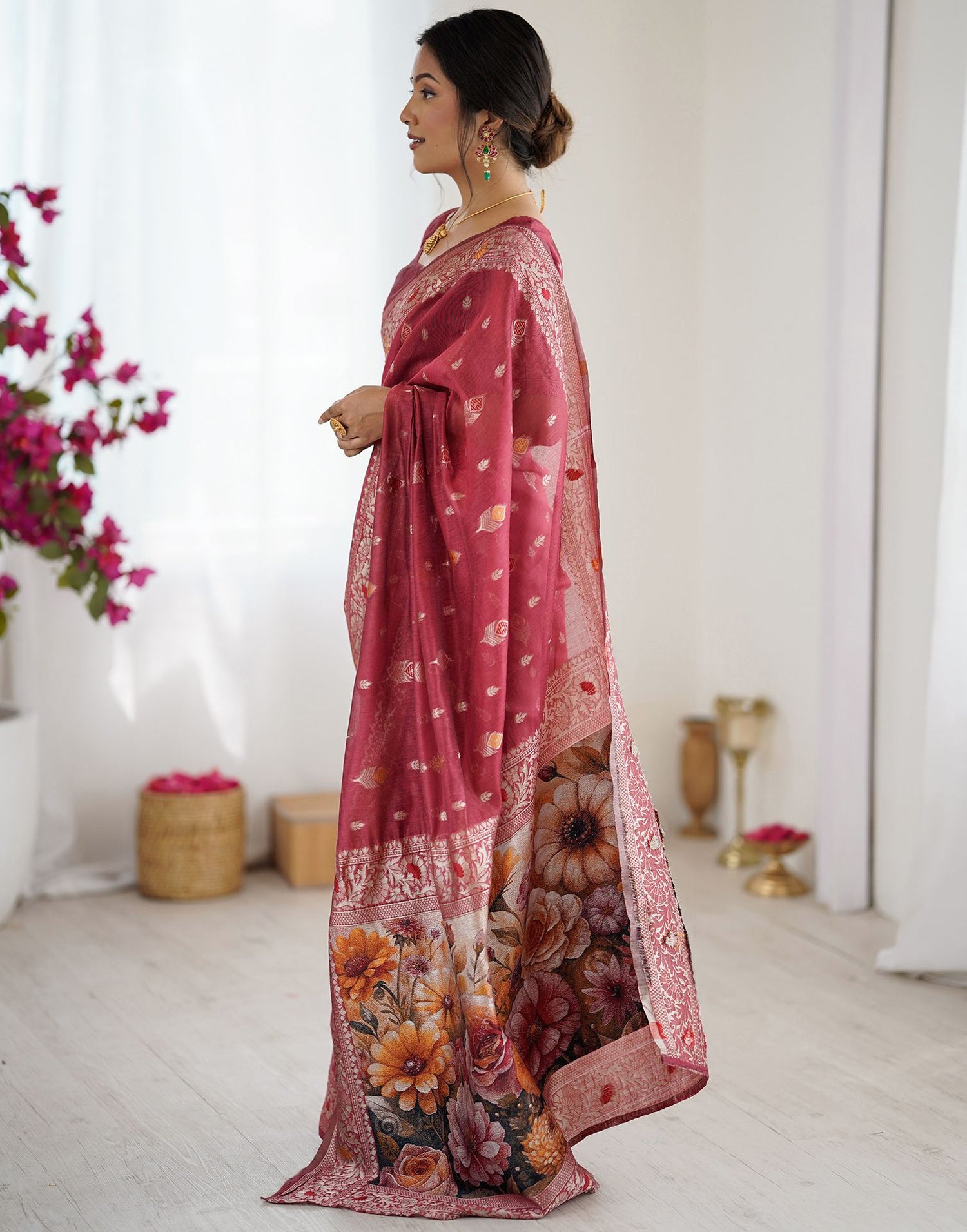 Light Red Chanderi Cotton Woven Saree