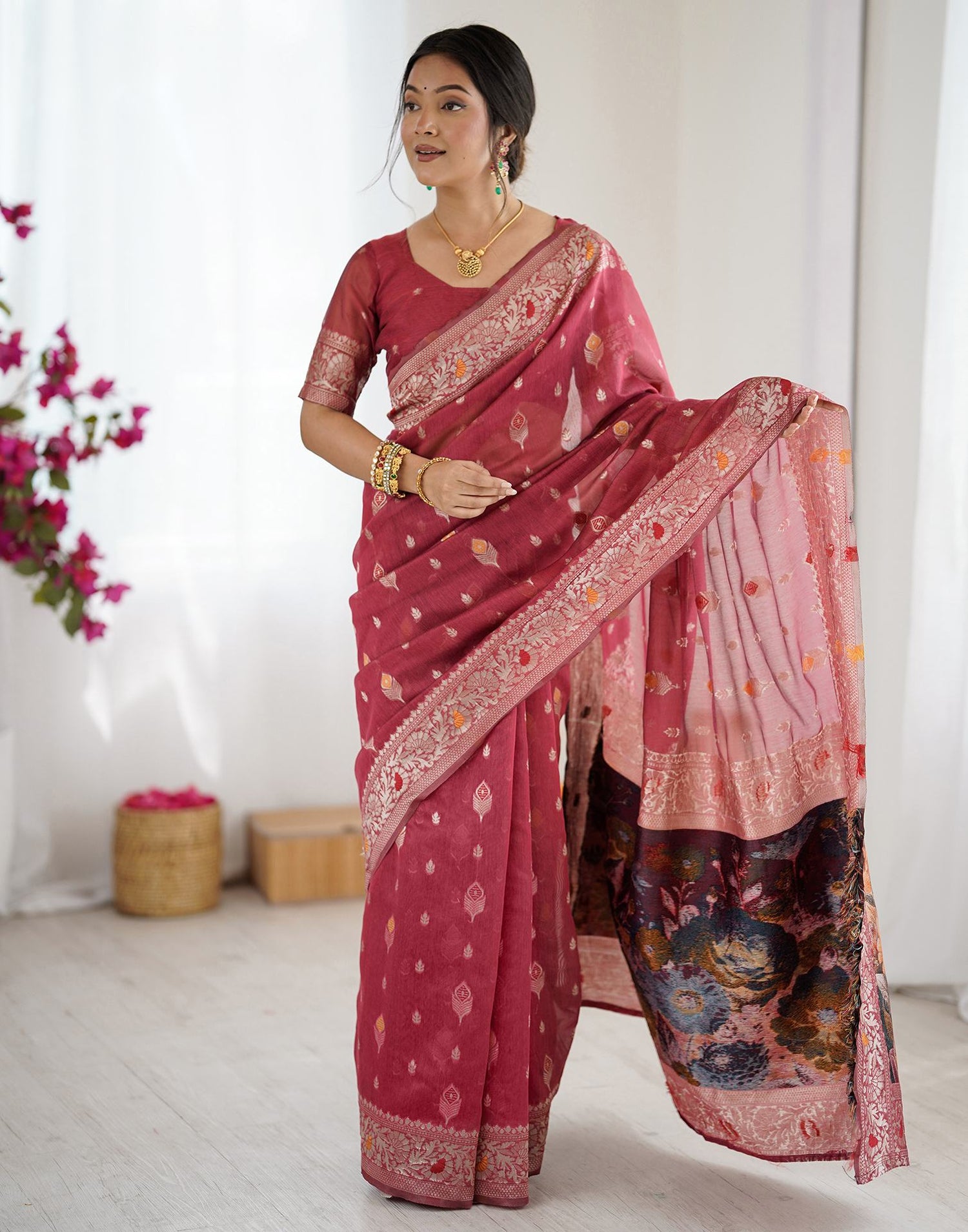 Light Red Chanderi Cotton Woven Saree