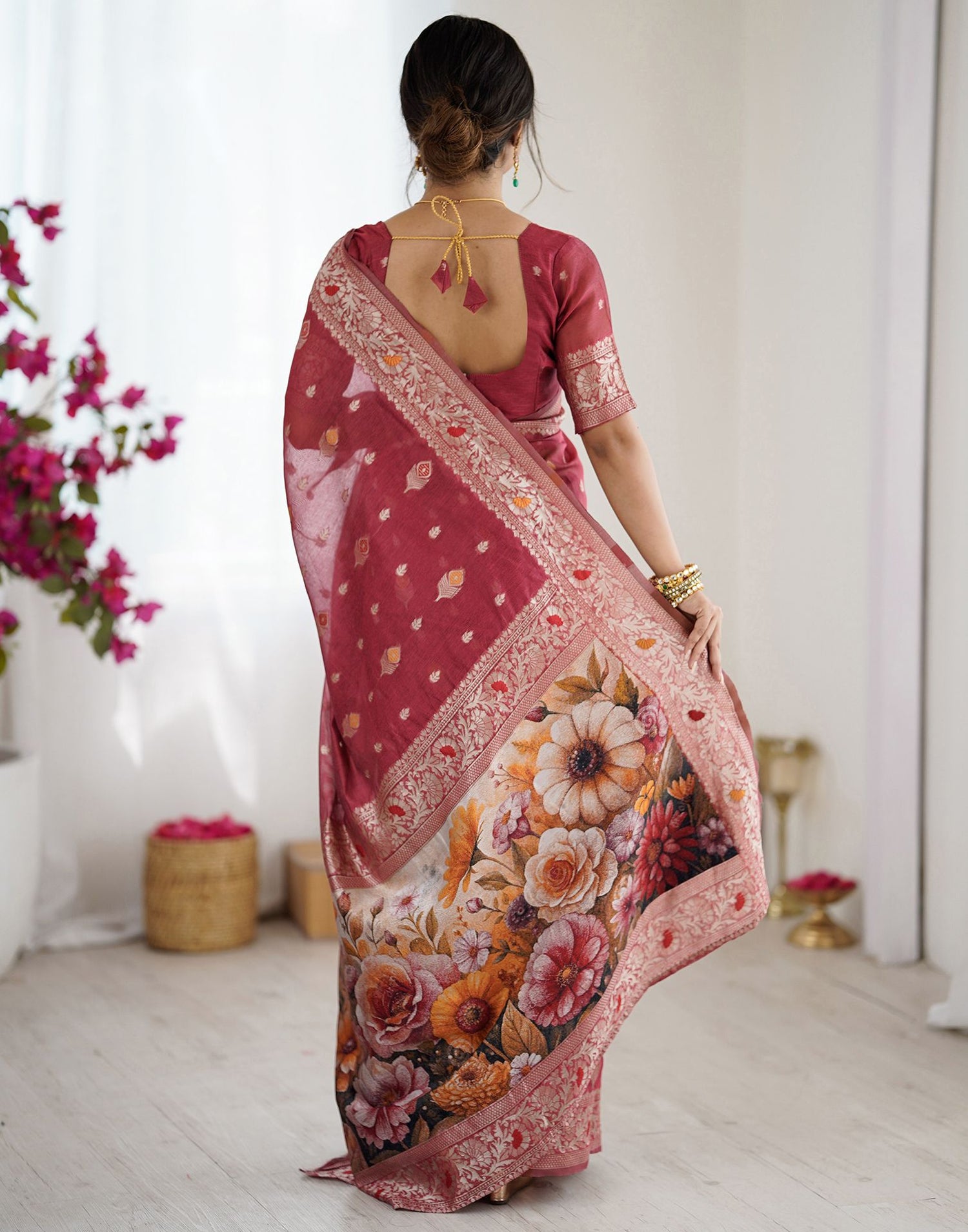 Light Red Chanderi Cotton Woven Saree