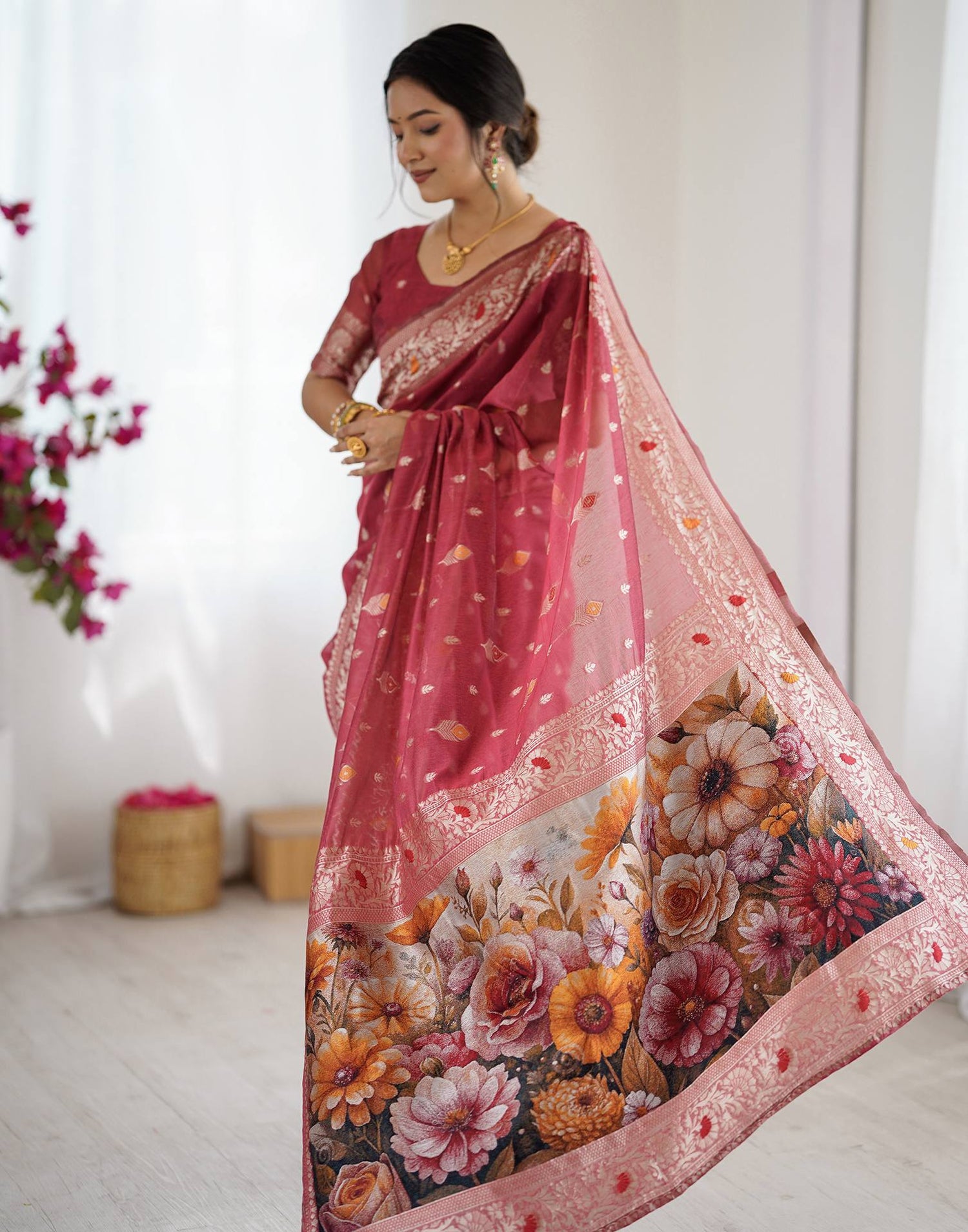 Light Red Chanderi Cotton Woven Saree