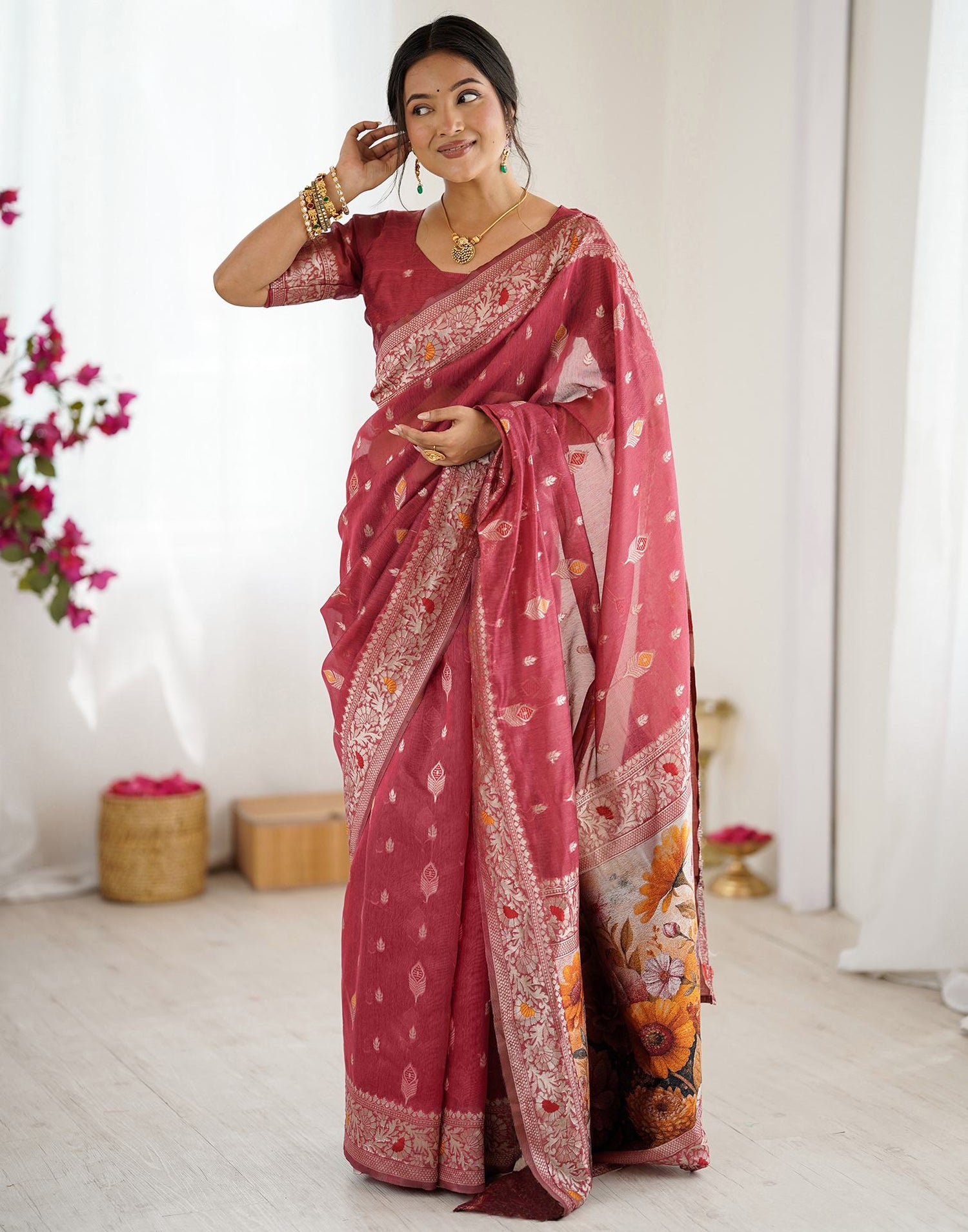 Light Red Chanderi Cotton Woven Saree