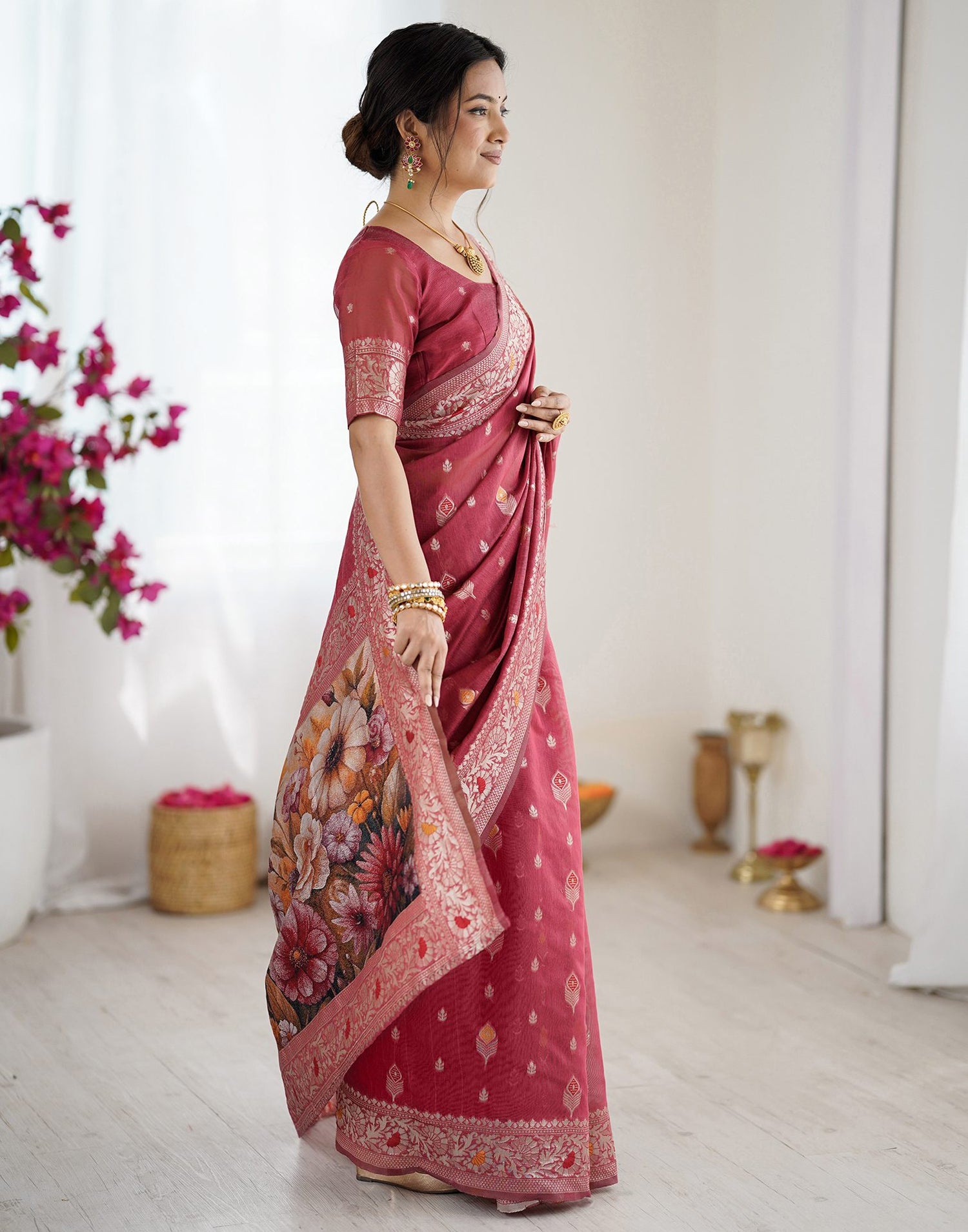 Light Red Chanderi Cotton Woven Saree