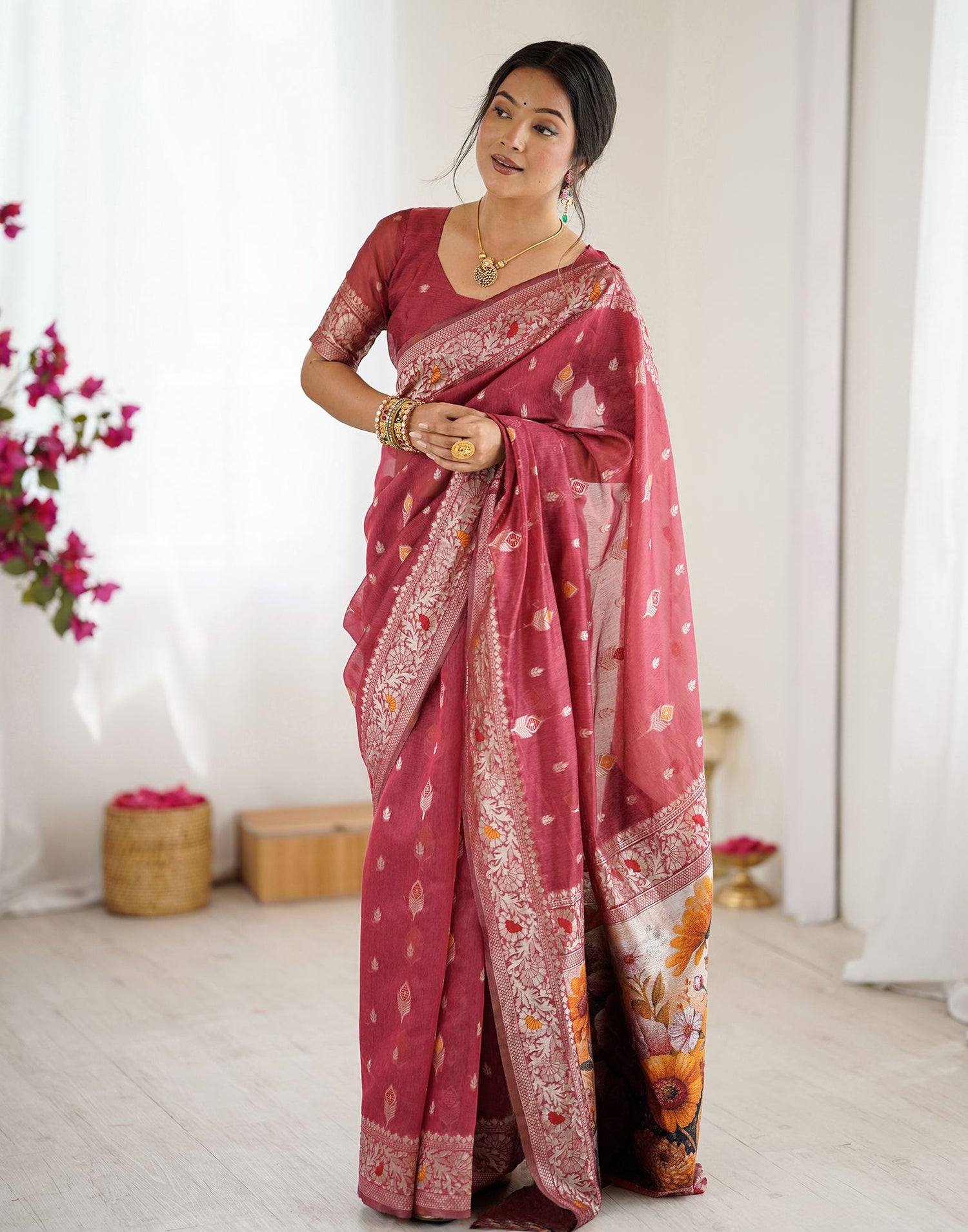 Light Red Chanderi Cotton Woven Saree