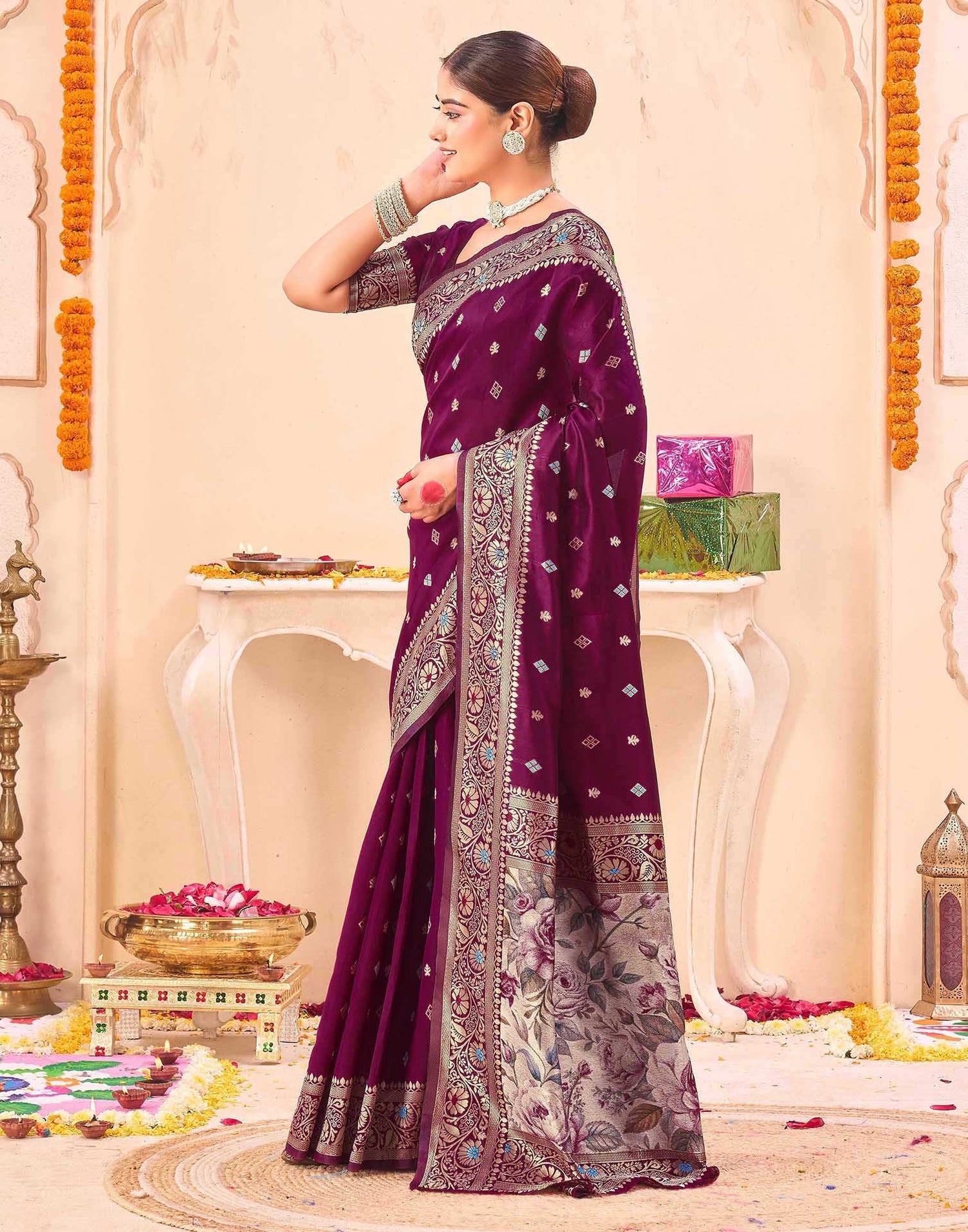 Wine Silk Woven Banarasi Saree