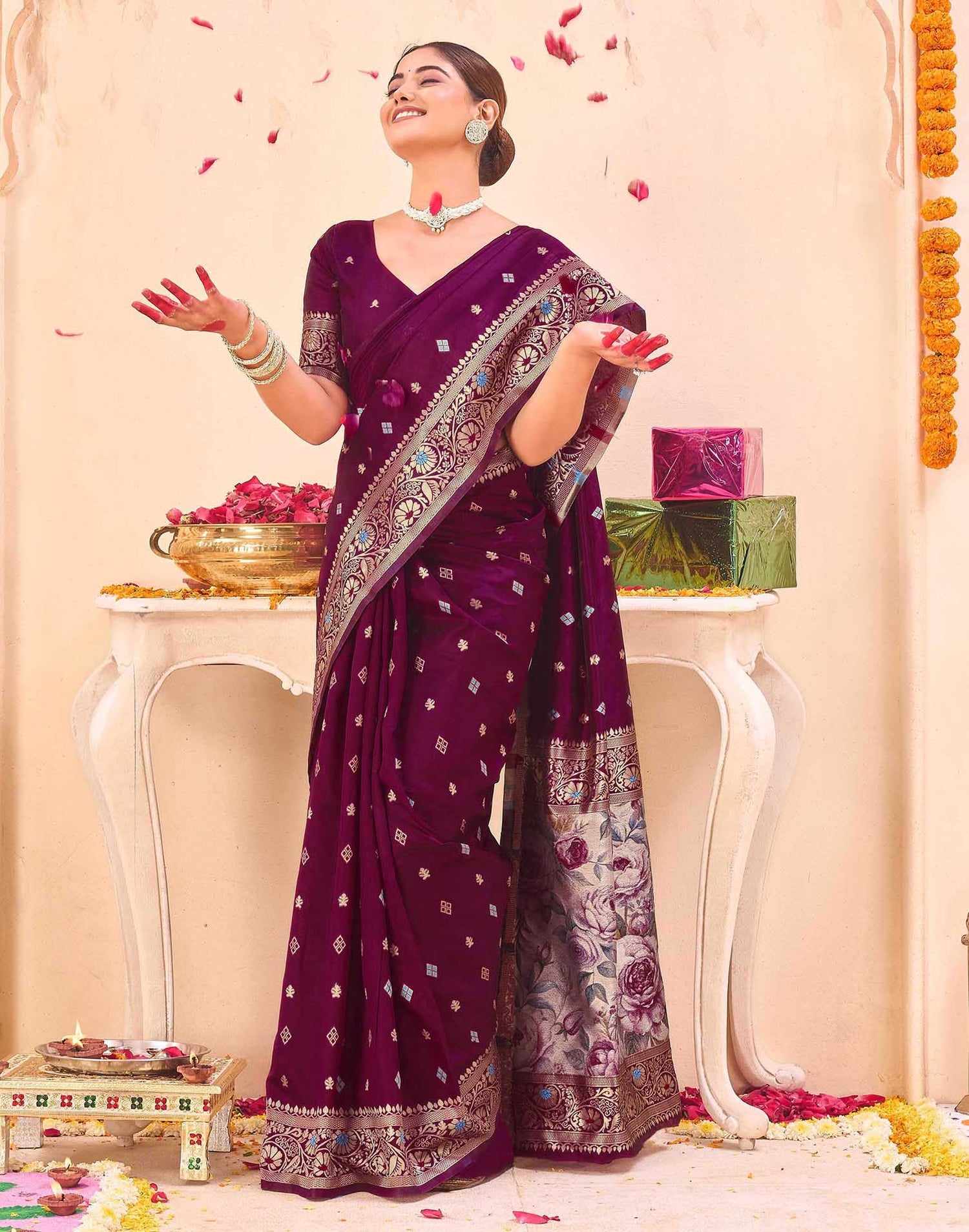 Wine Silk Woven Banarasi Saree
