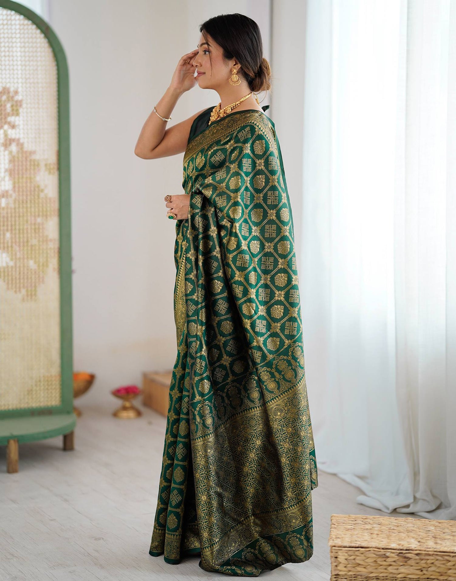 Bottle Green Silk Woven Saree
