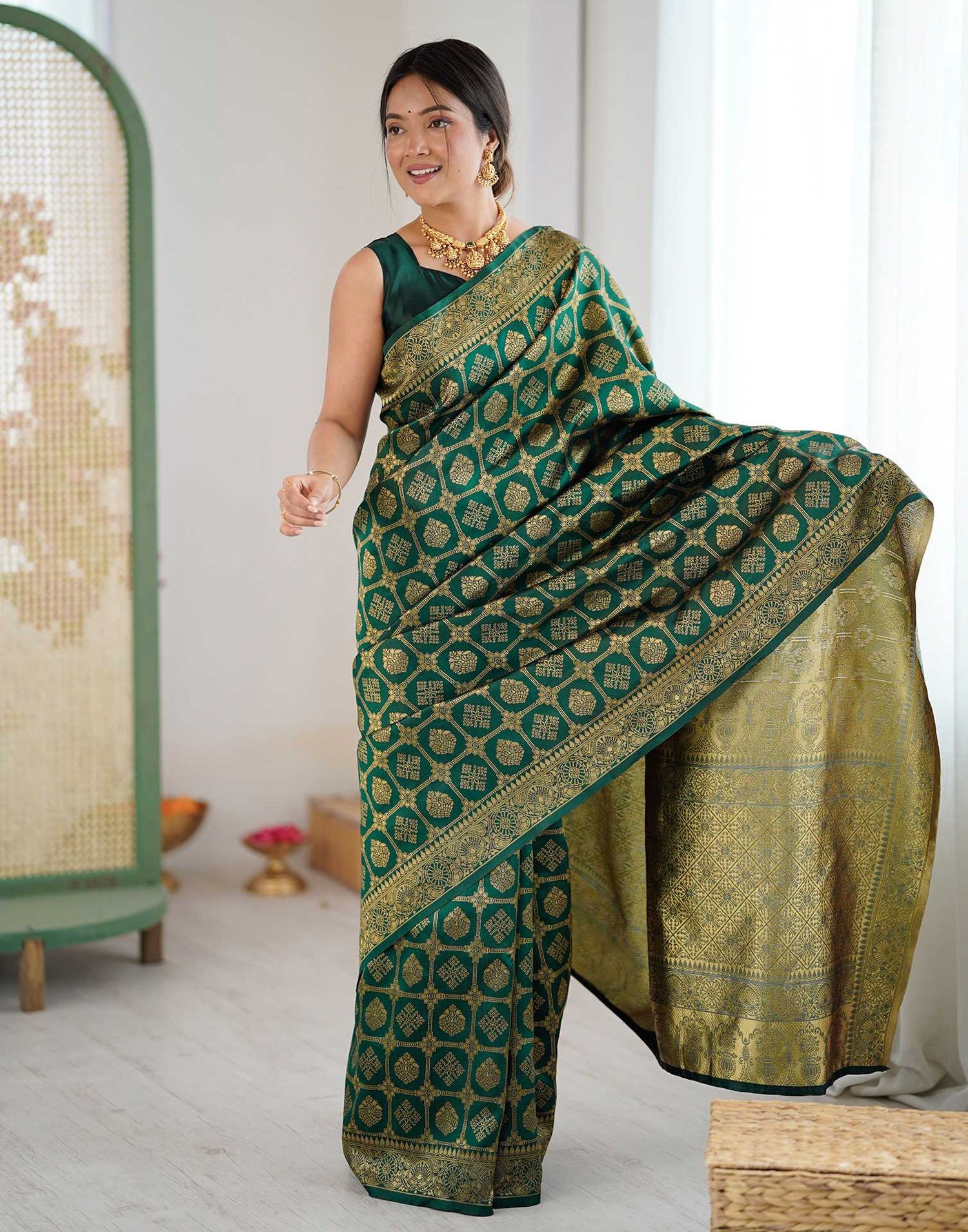 Bottle Green Silk Woven Saree