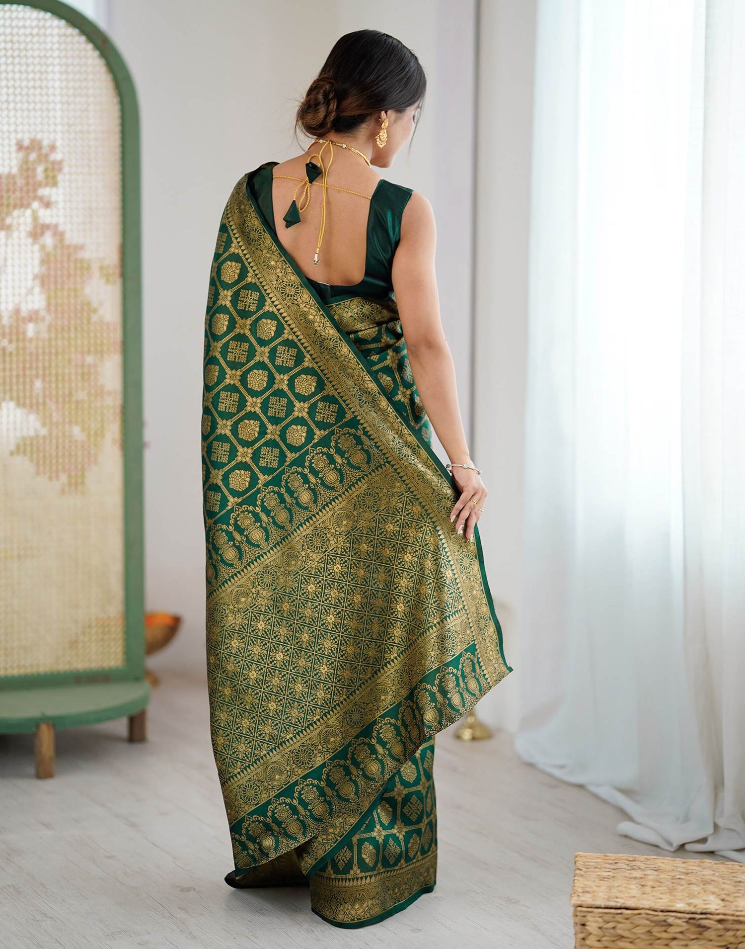Bottle Green Silk Woven Saree