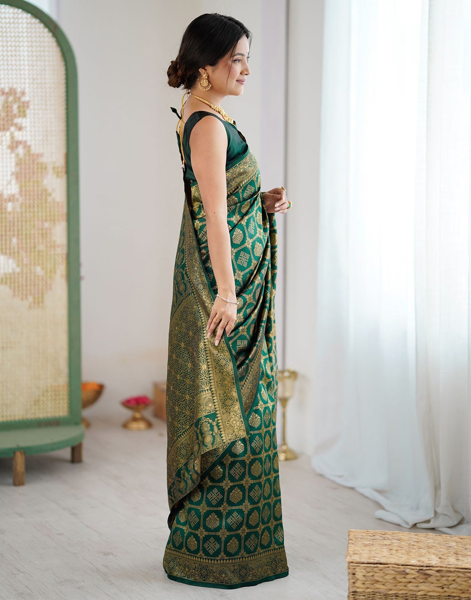 Bottle Green Silk Woven Saree