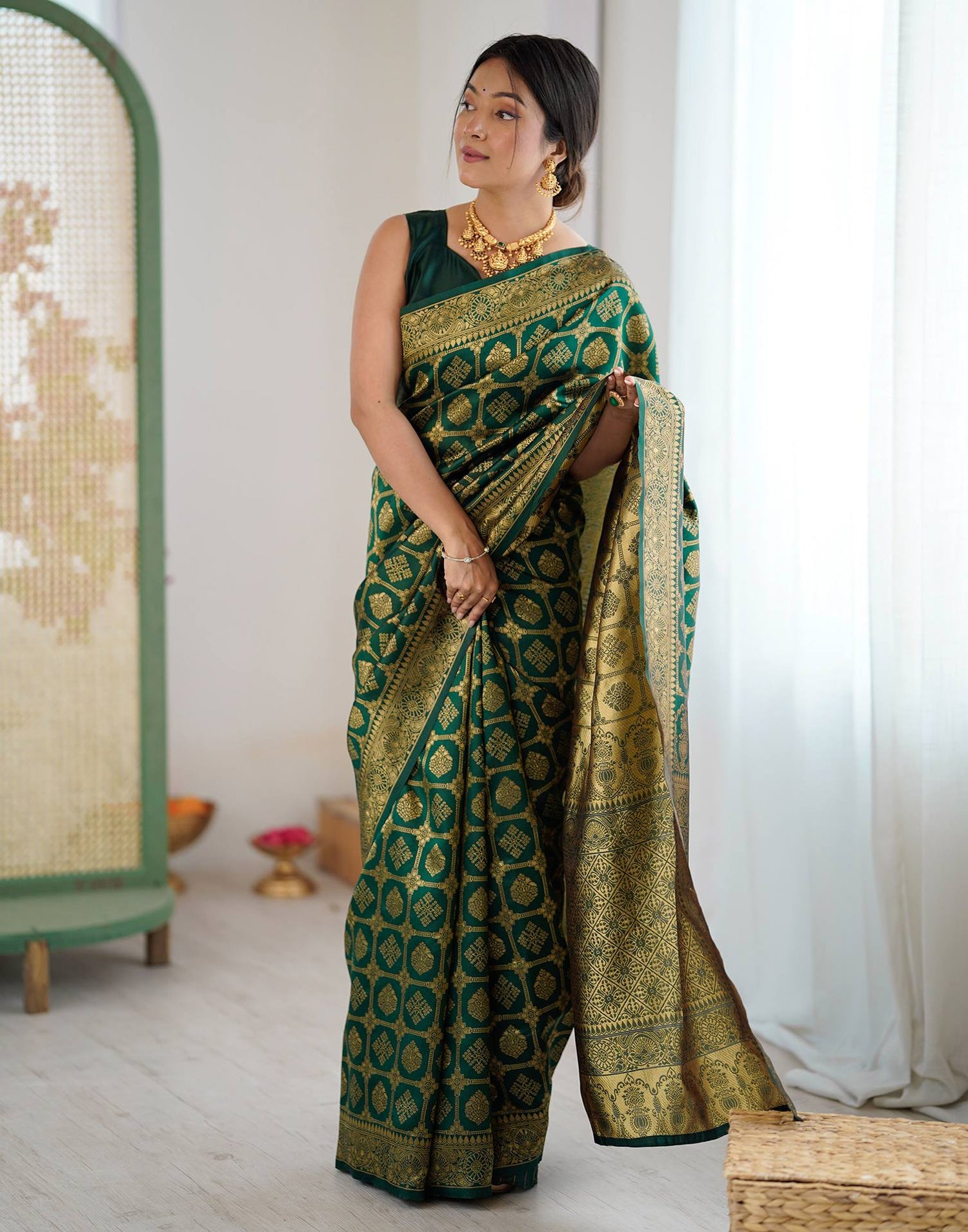 Bottle Green Silk Woven Saree