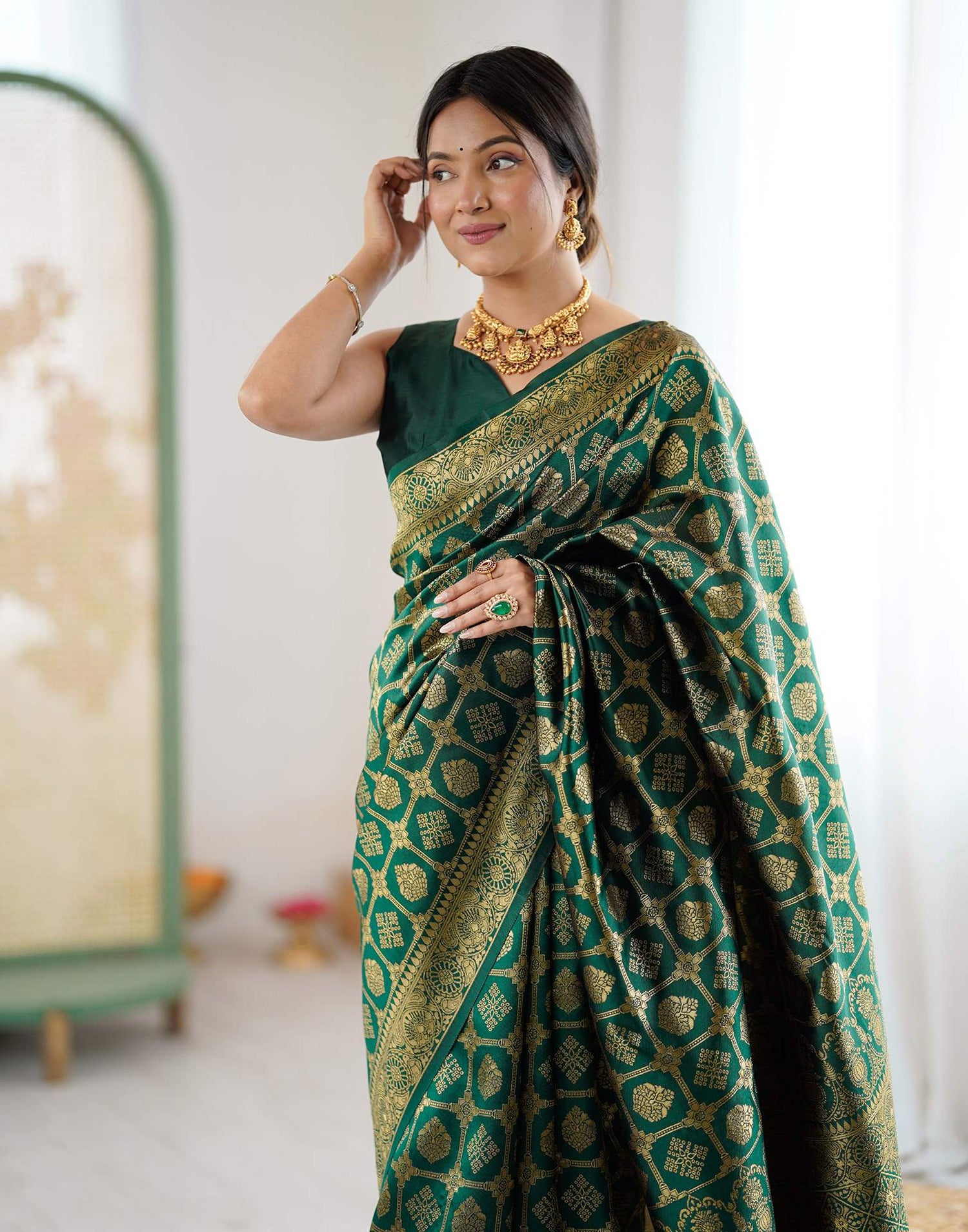 Bottle Green Silk Woven Saree