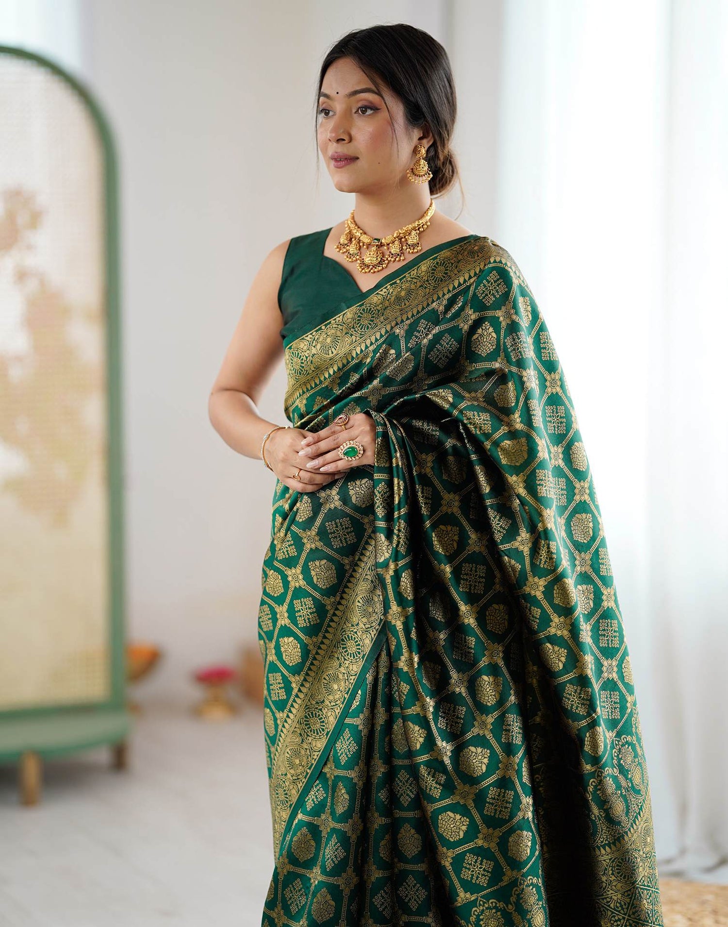 Bottle Green Silk Woven Saree