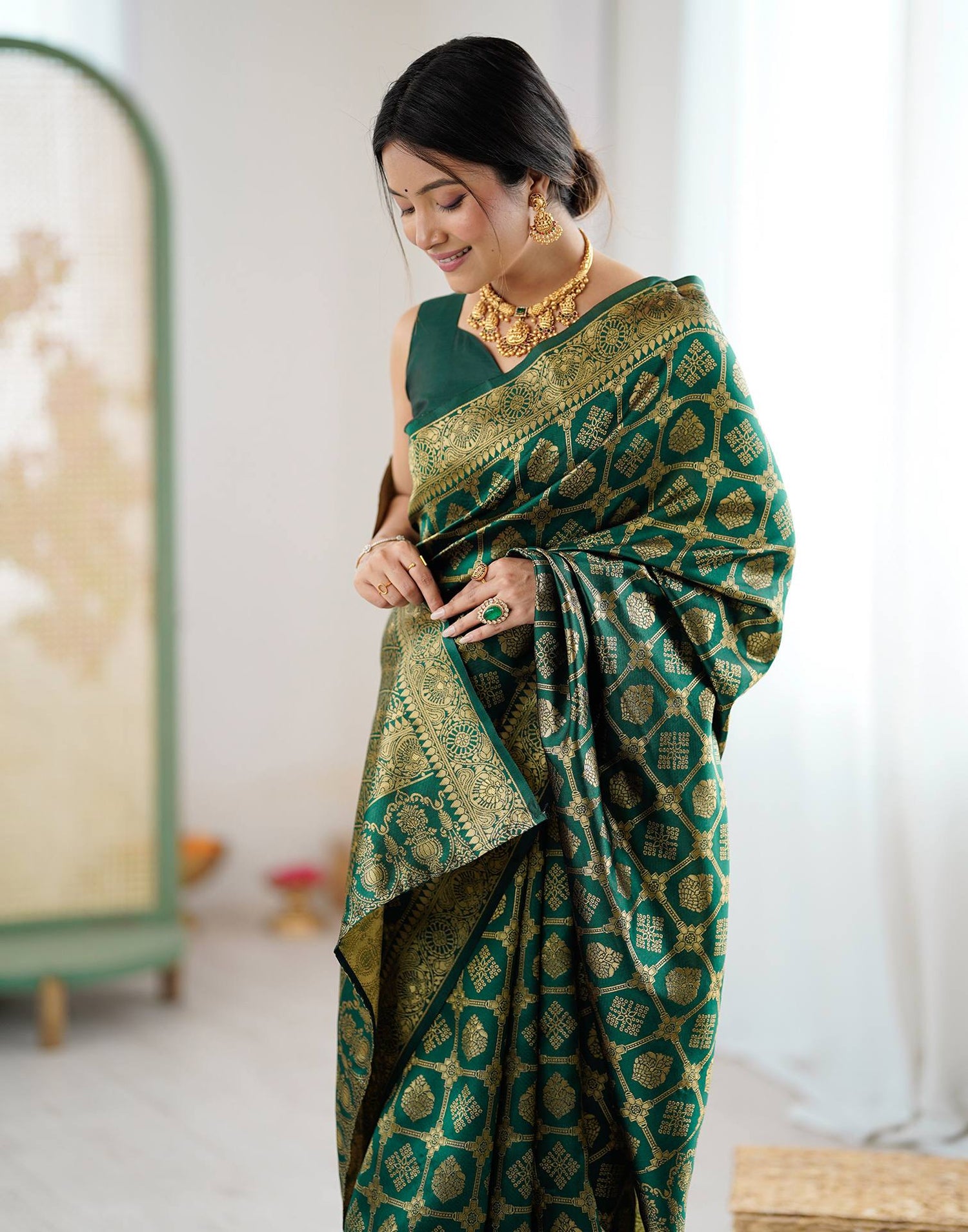 Bottle Green Silk Woven Saree