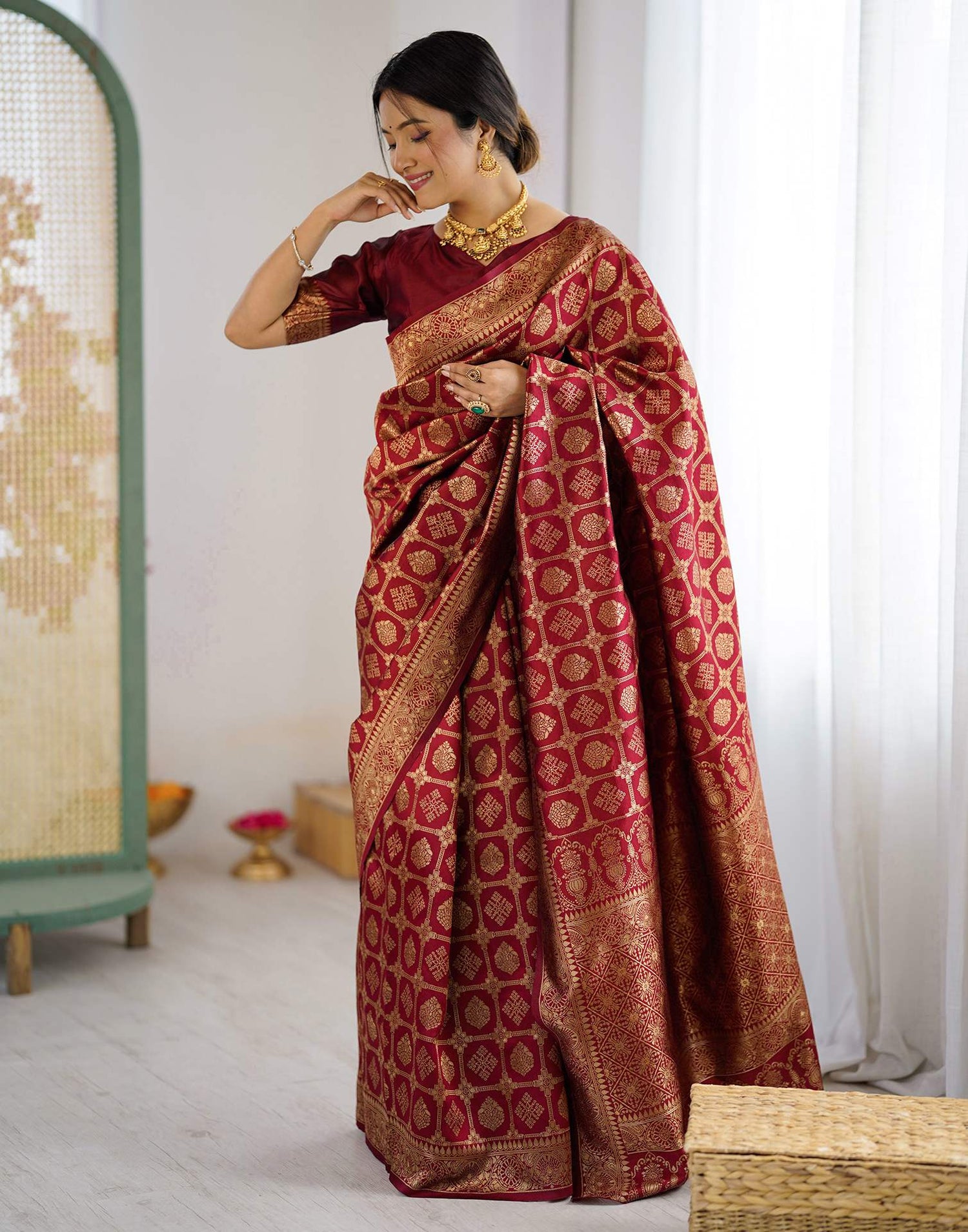Maroon Silk Woven Saree