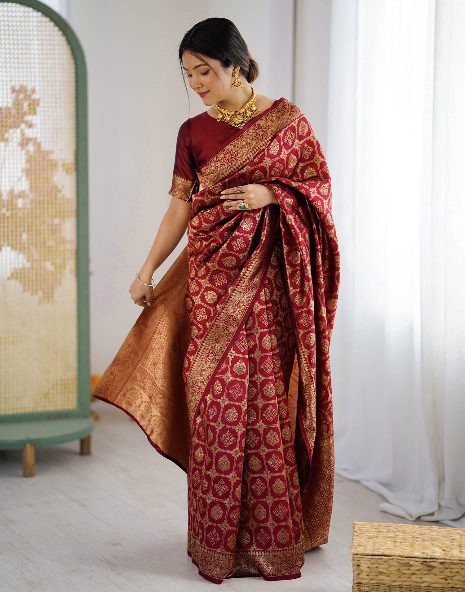 Maroon Silk Woven Saree