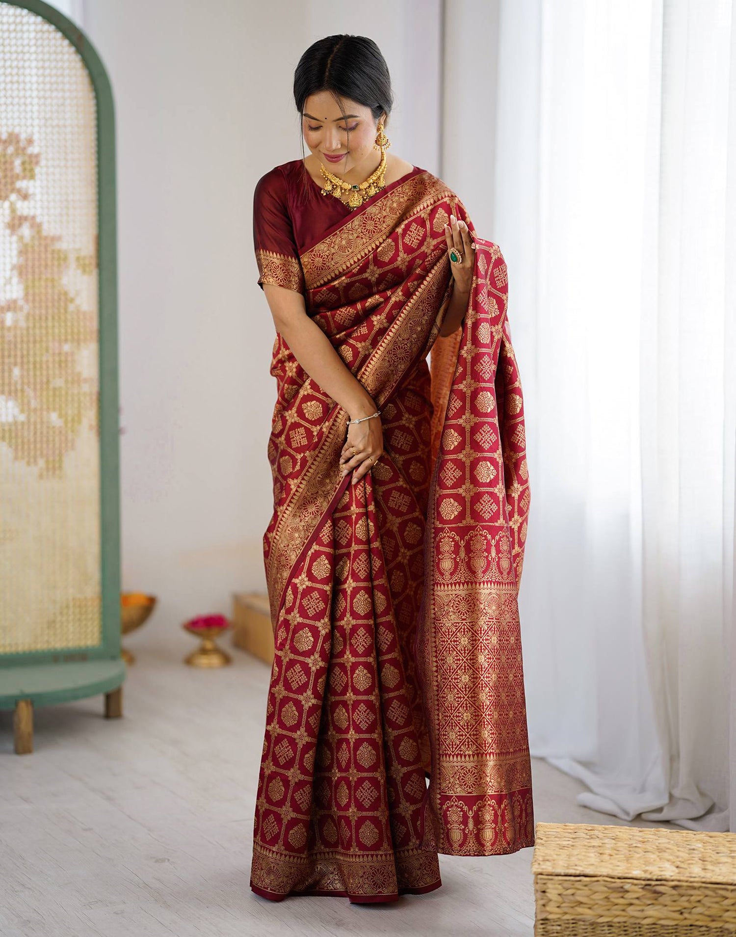 Maroon Silk Woven Saree
