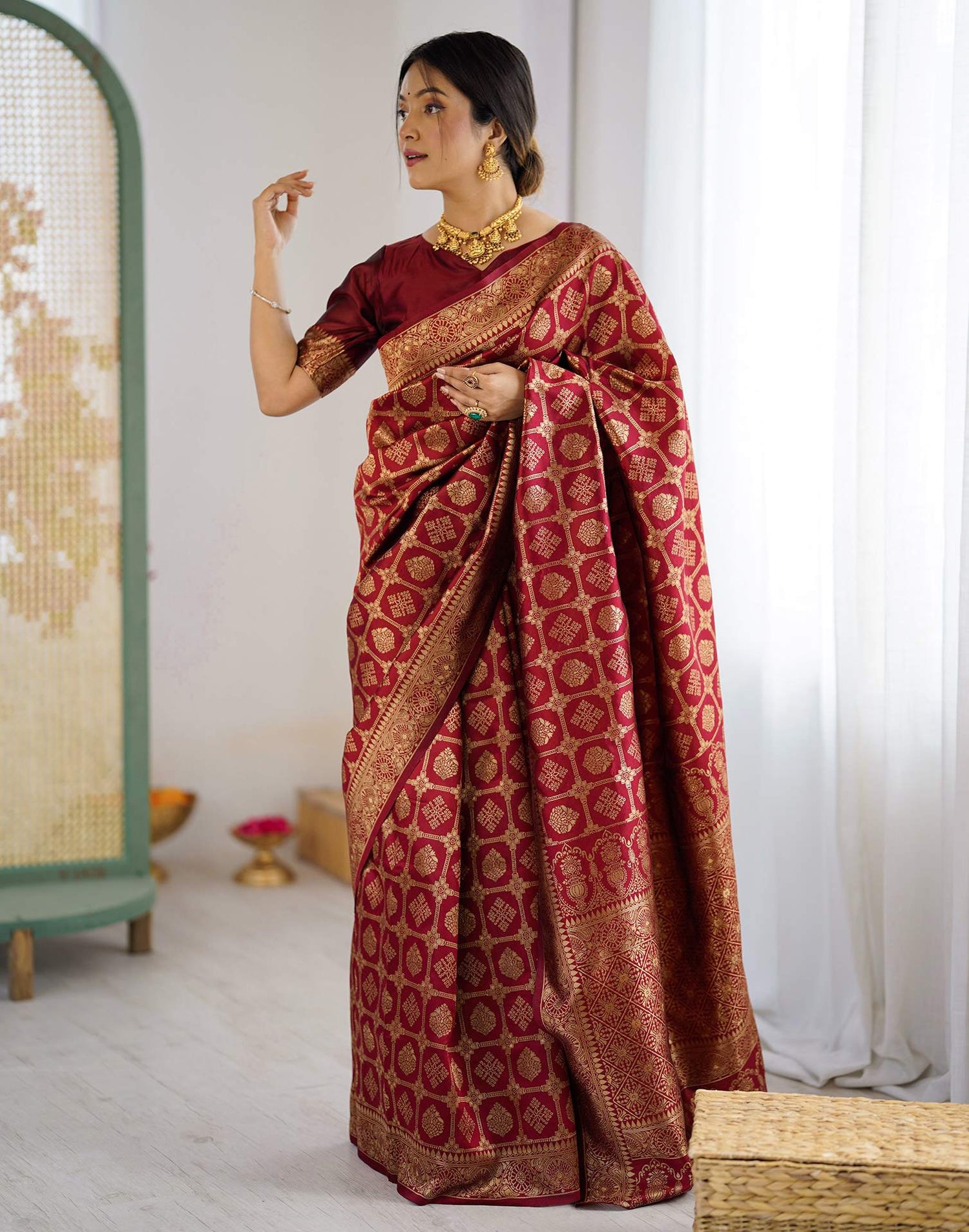 Maroon Silk Woven Saree