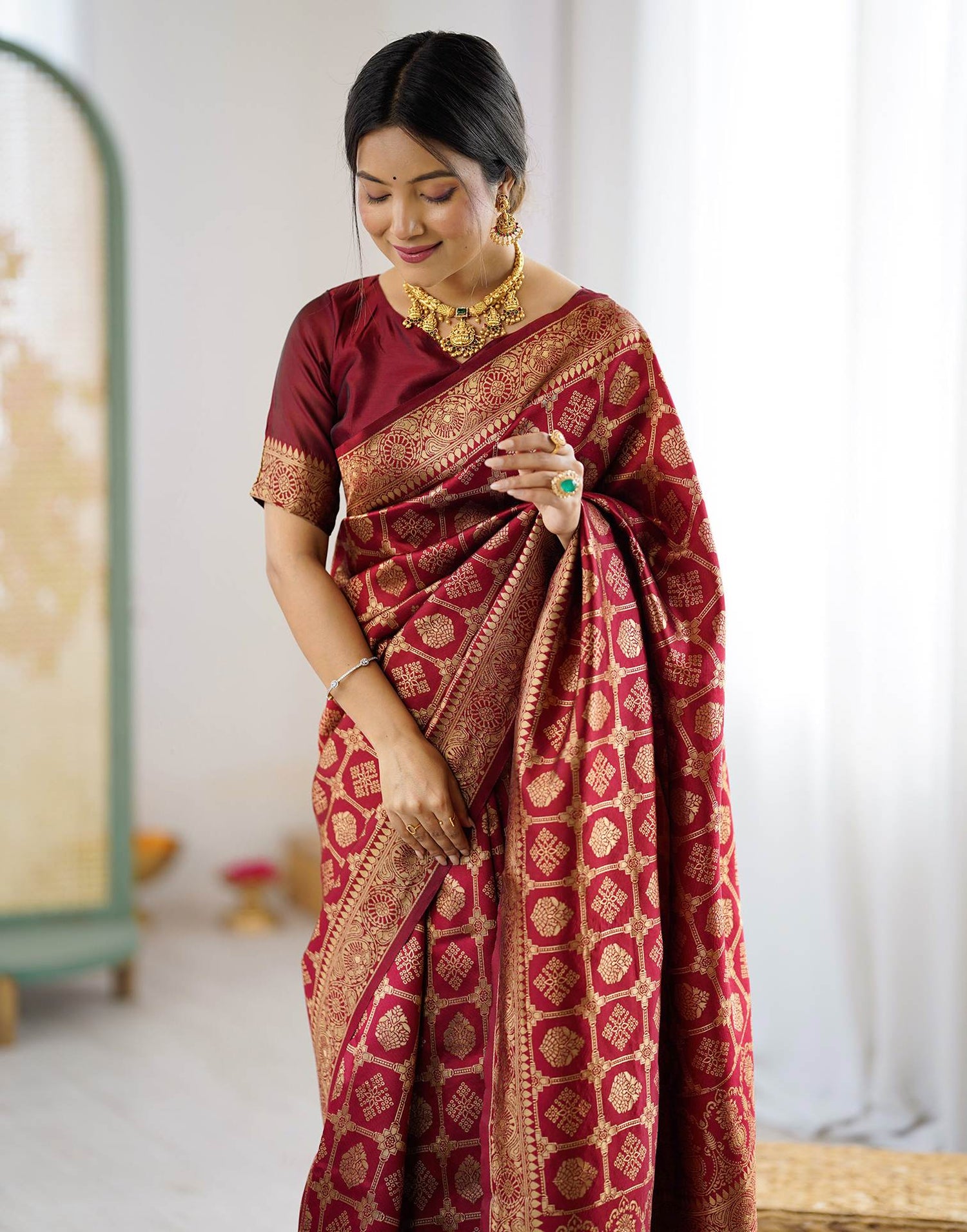 Maroon Silk Woven Saree