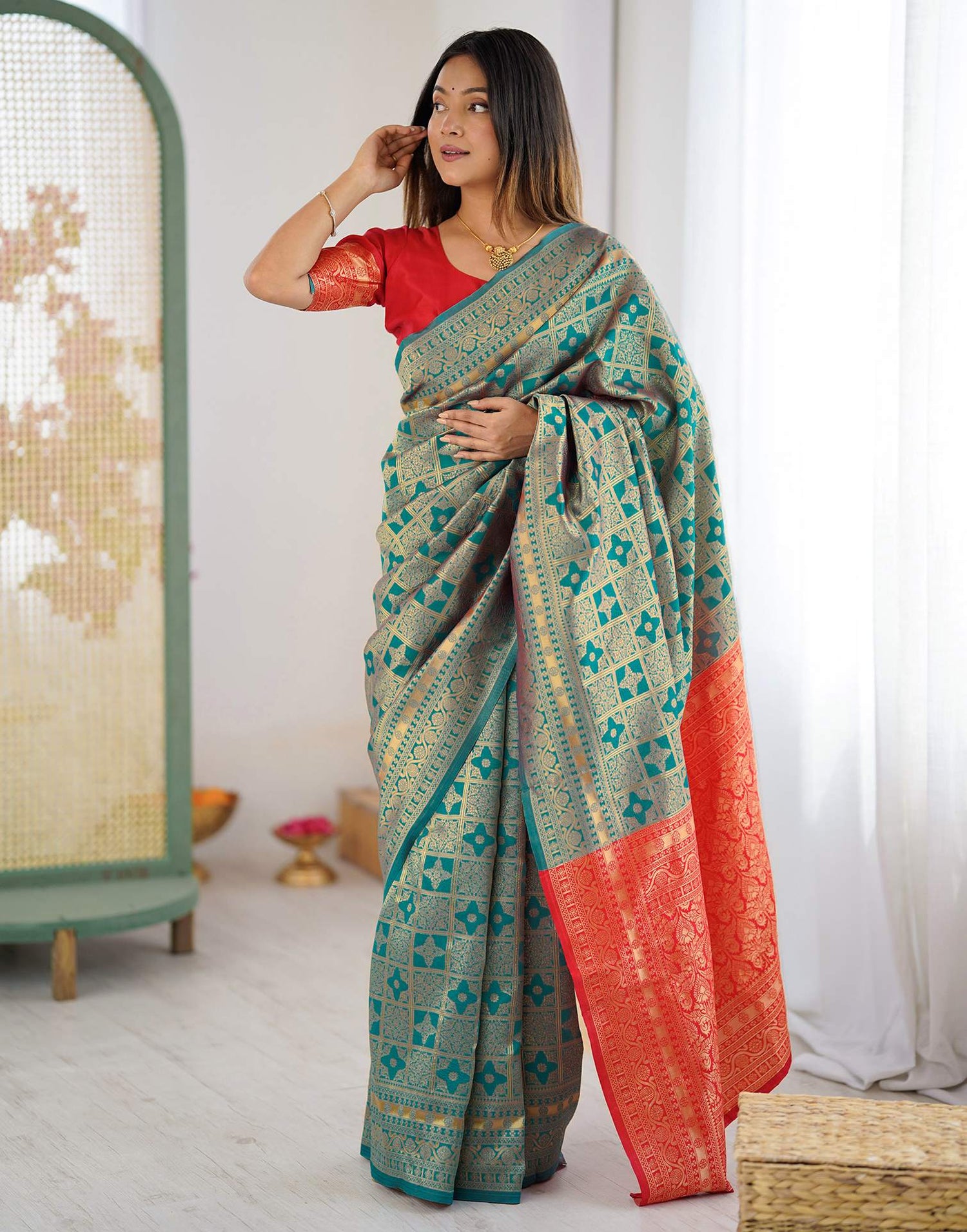 Teal Blue Silk Woven Saree