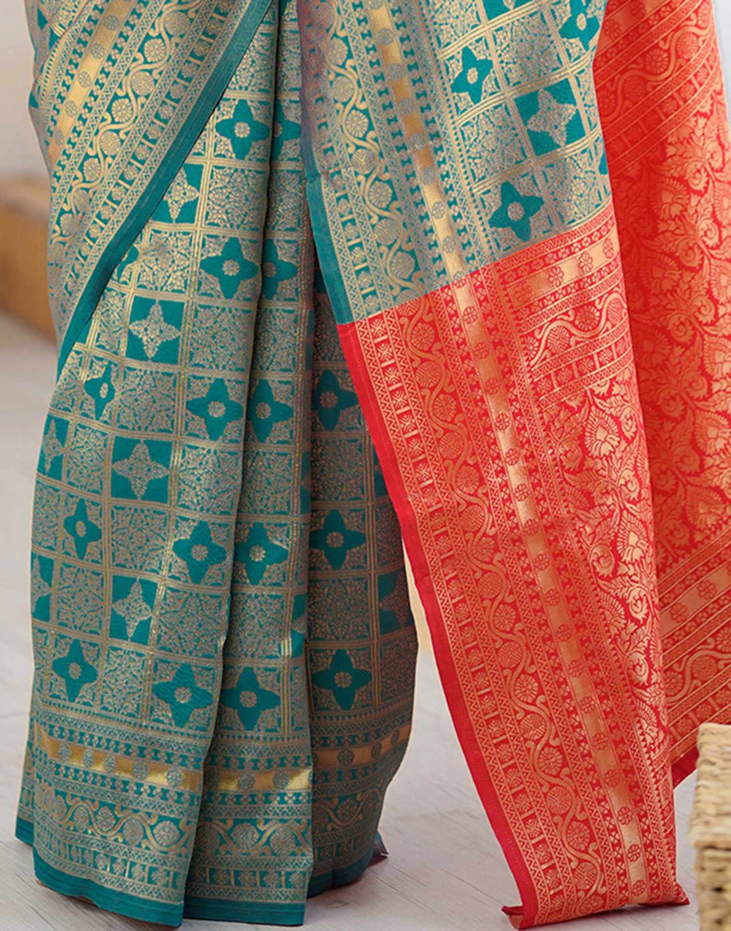 Teal Blue Silk Woven Saree
