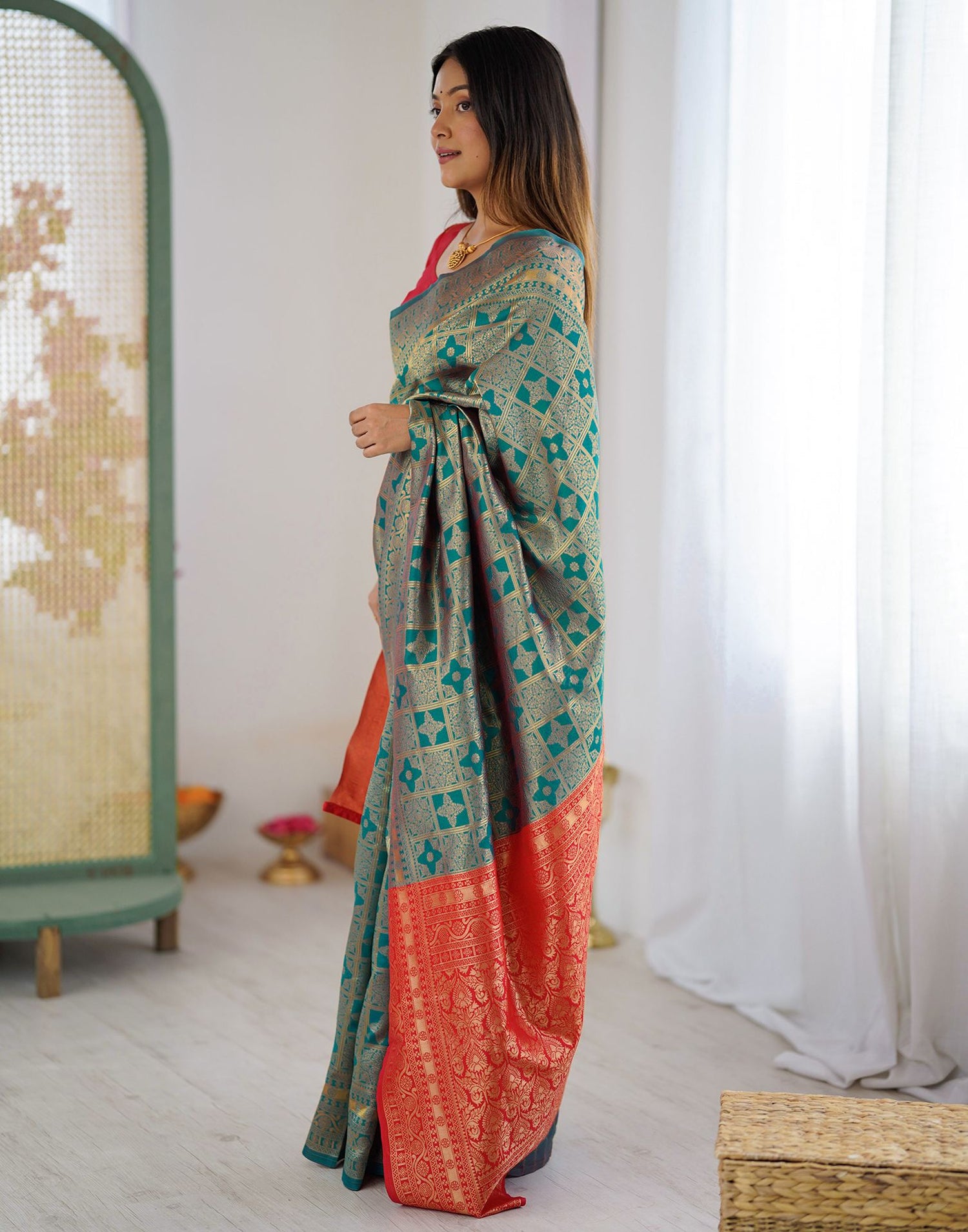 Teal Blue Silk Woven Saree