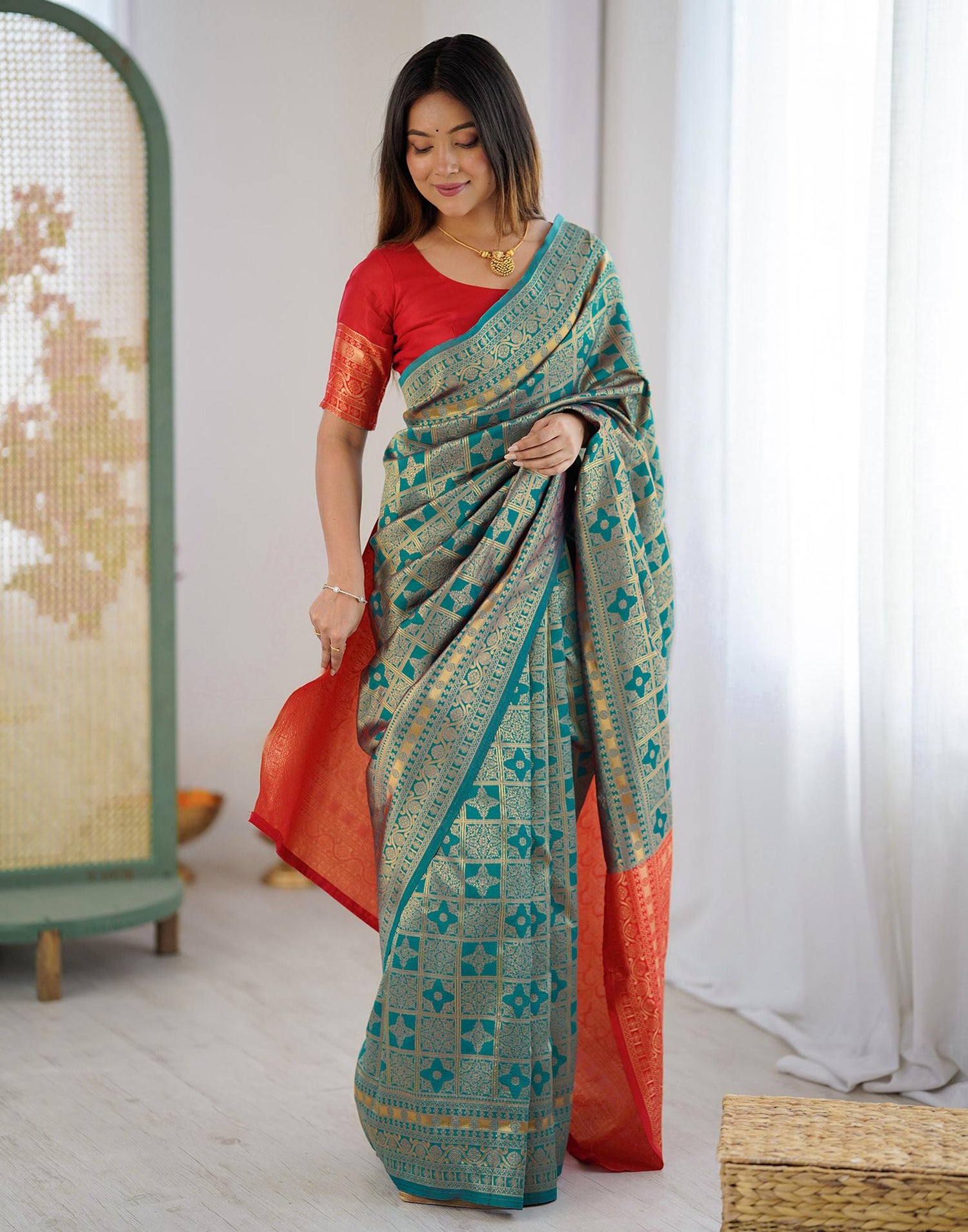Teal Blue Silk Woven Saree