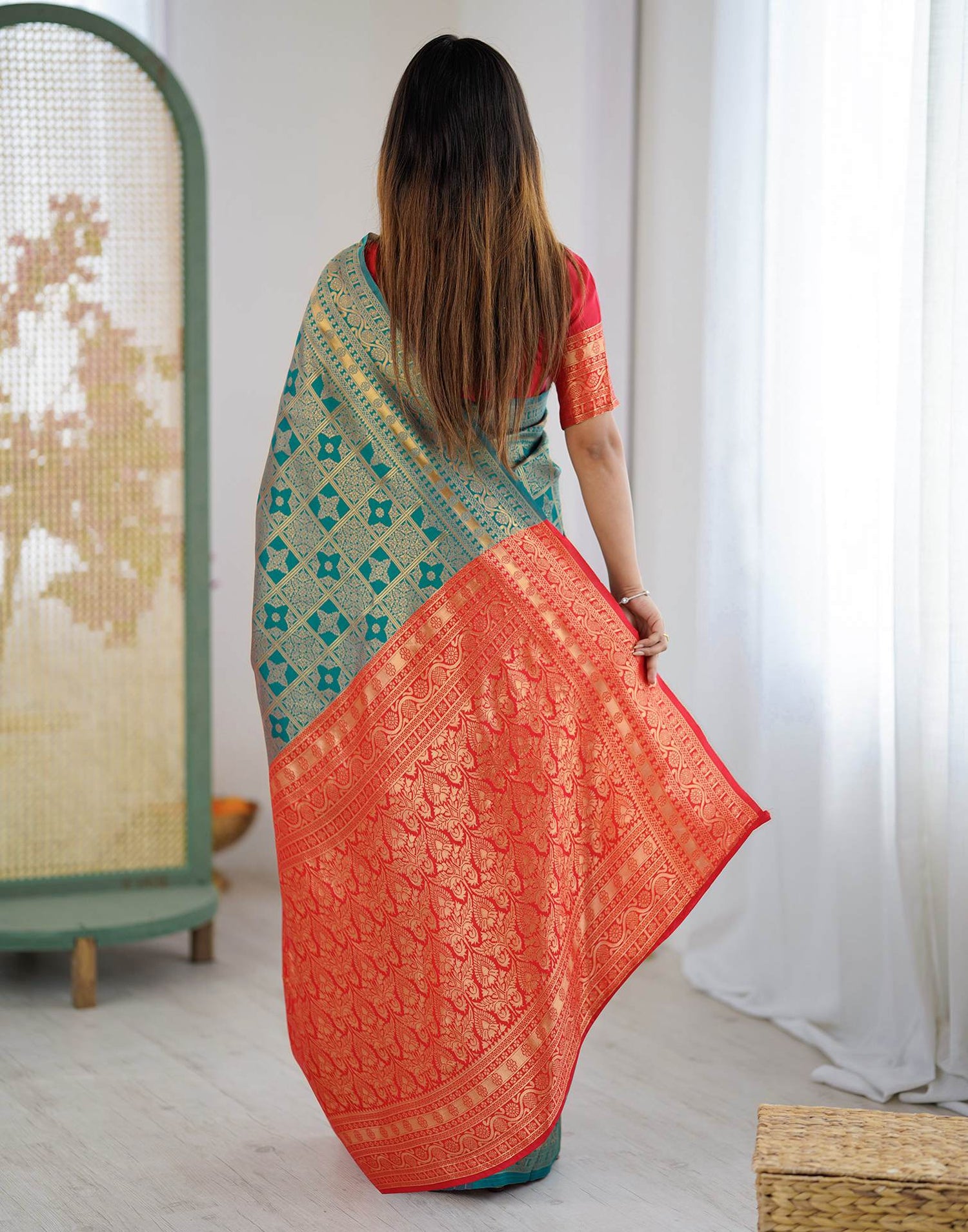 Teal Blue Silk Woven Saree