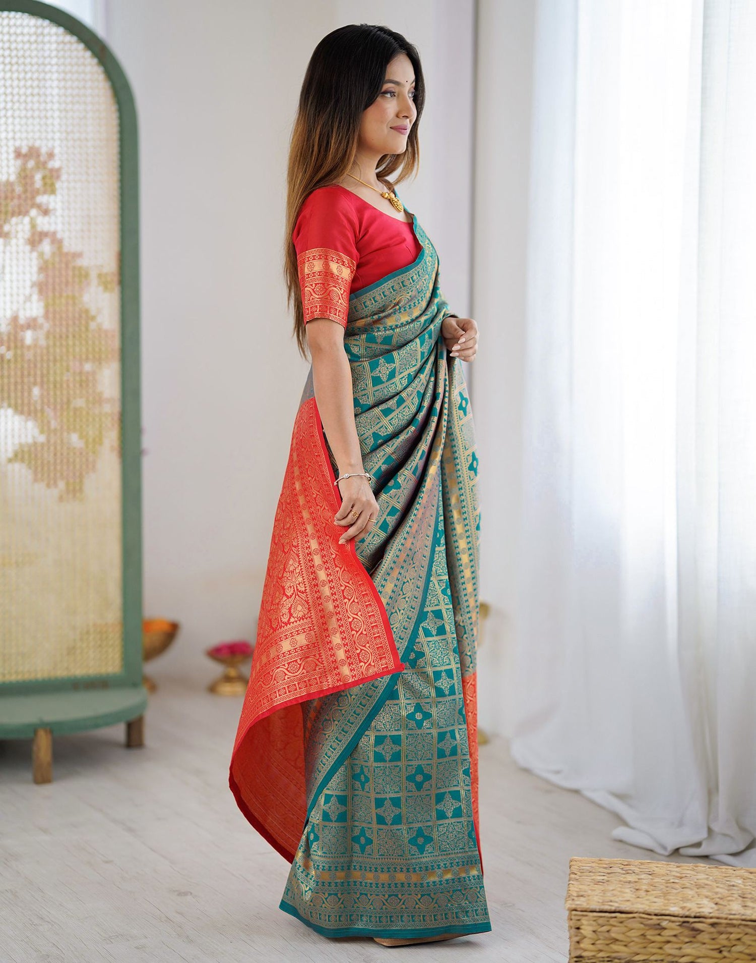 Teal Blue Silk Woven Saree