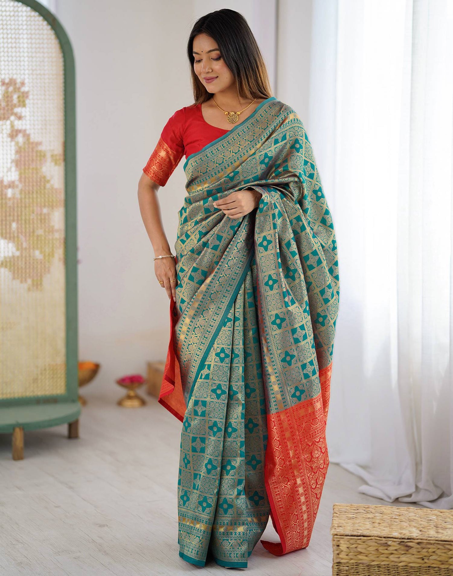 Teal Blue Silk Woven Saree