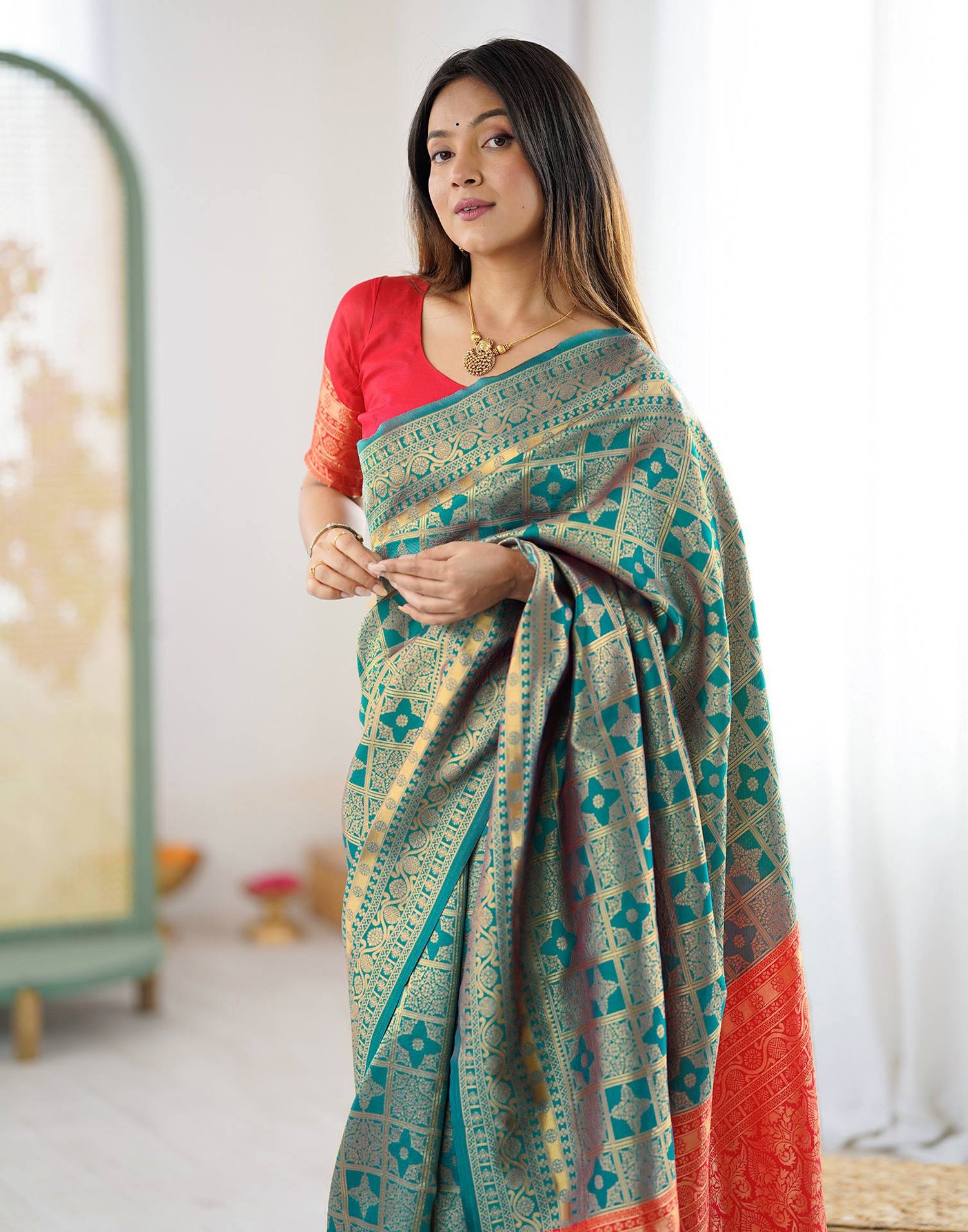 Teal Blue Silk Woven Saree