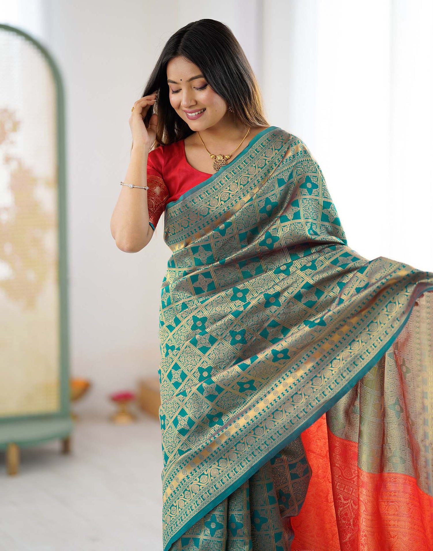 Teal Blue Silk Woven Saree