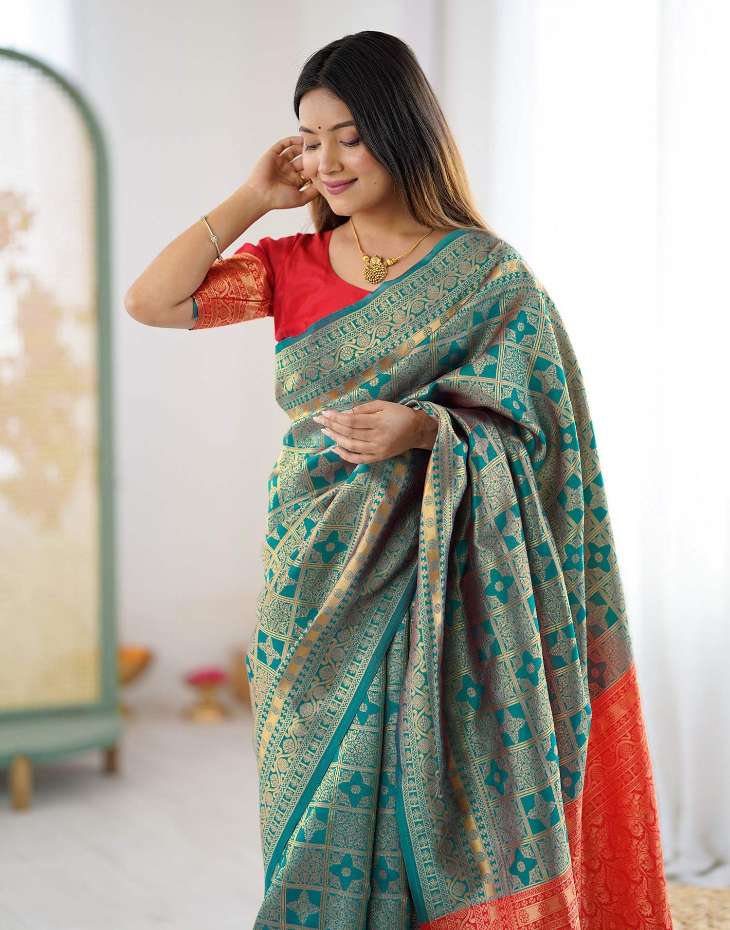 Teal Blue Silk Woven Saree