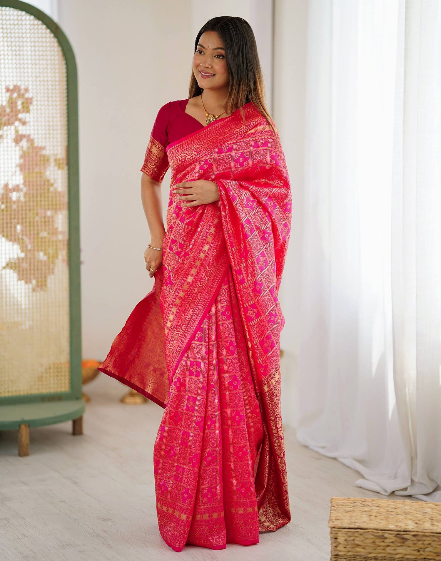 Pink Silk Woven Saree