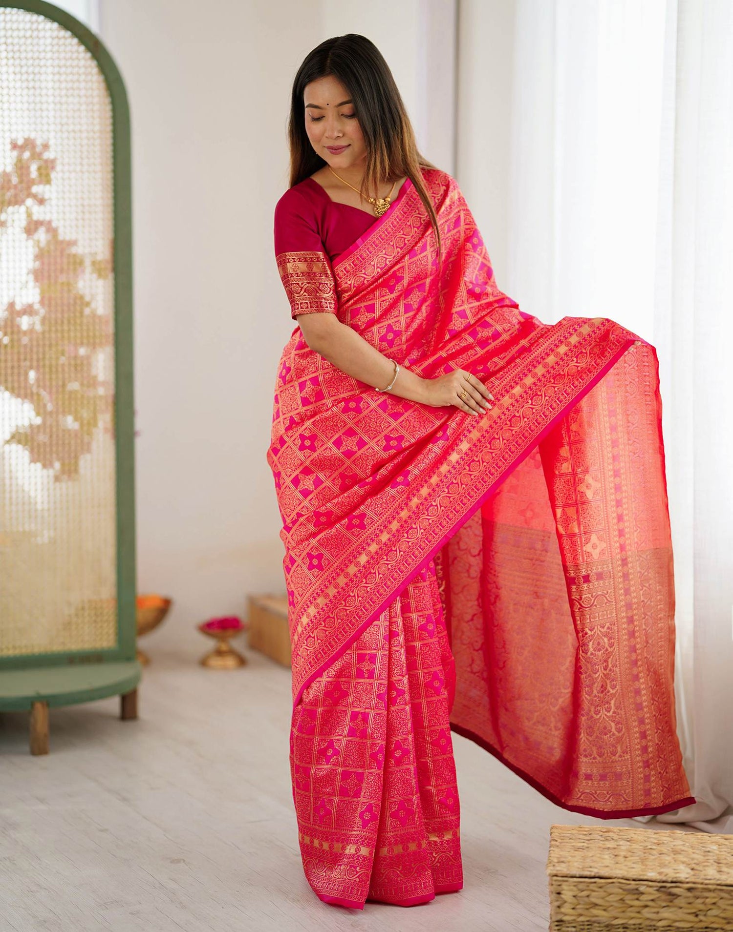 Pink Silk Woven Saree