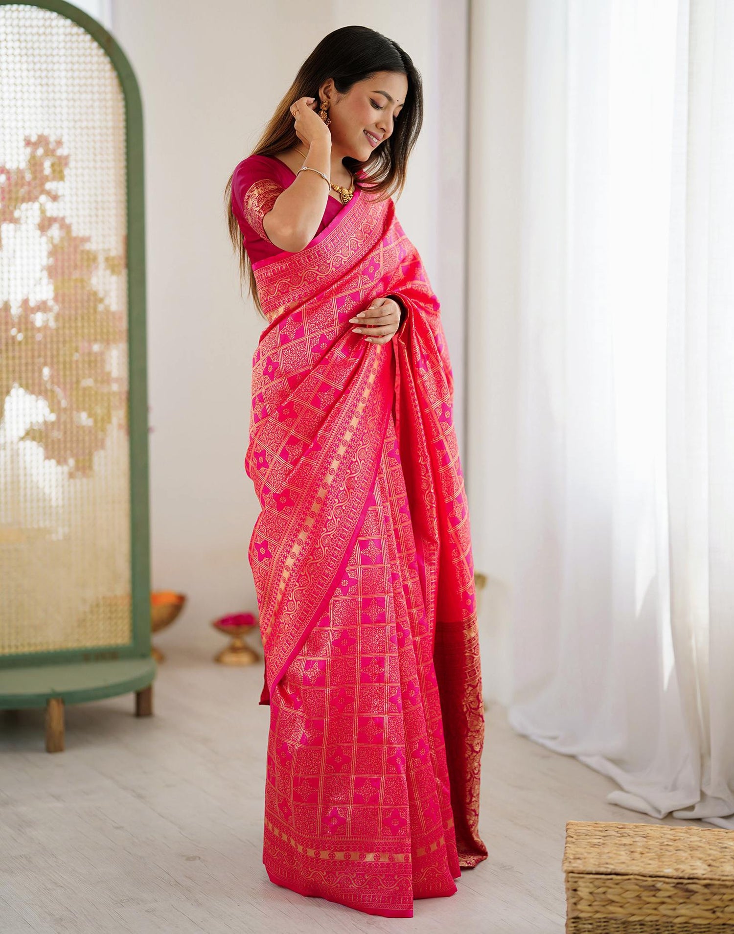 Pink Silk Woven Saree