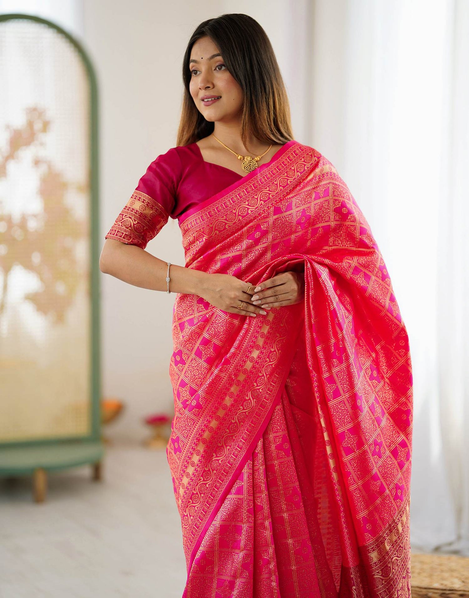 Pink Silk Woven Saree