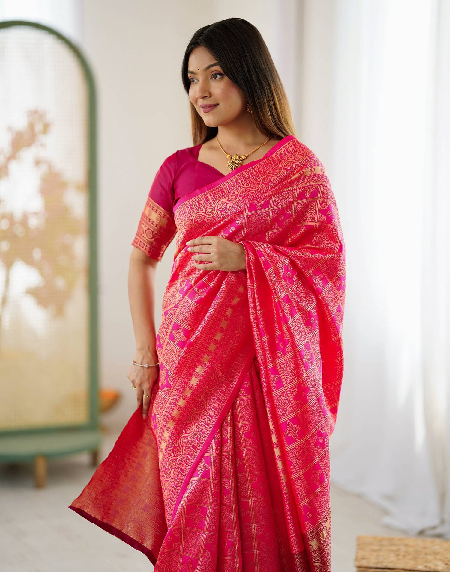 Pink Silk Woven Saree