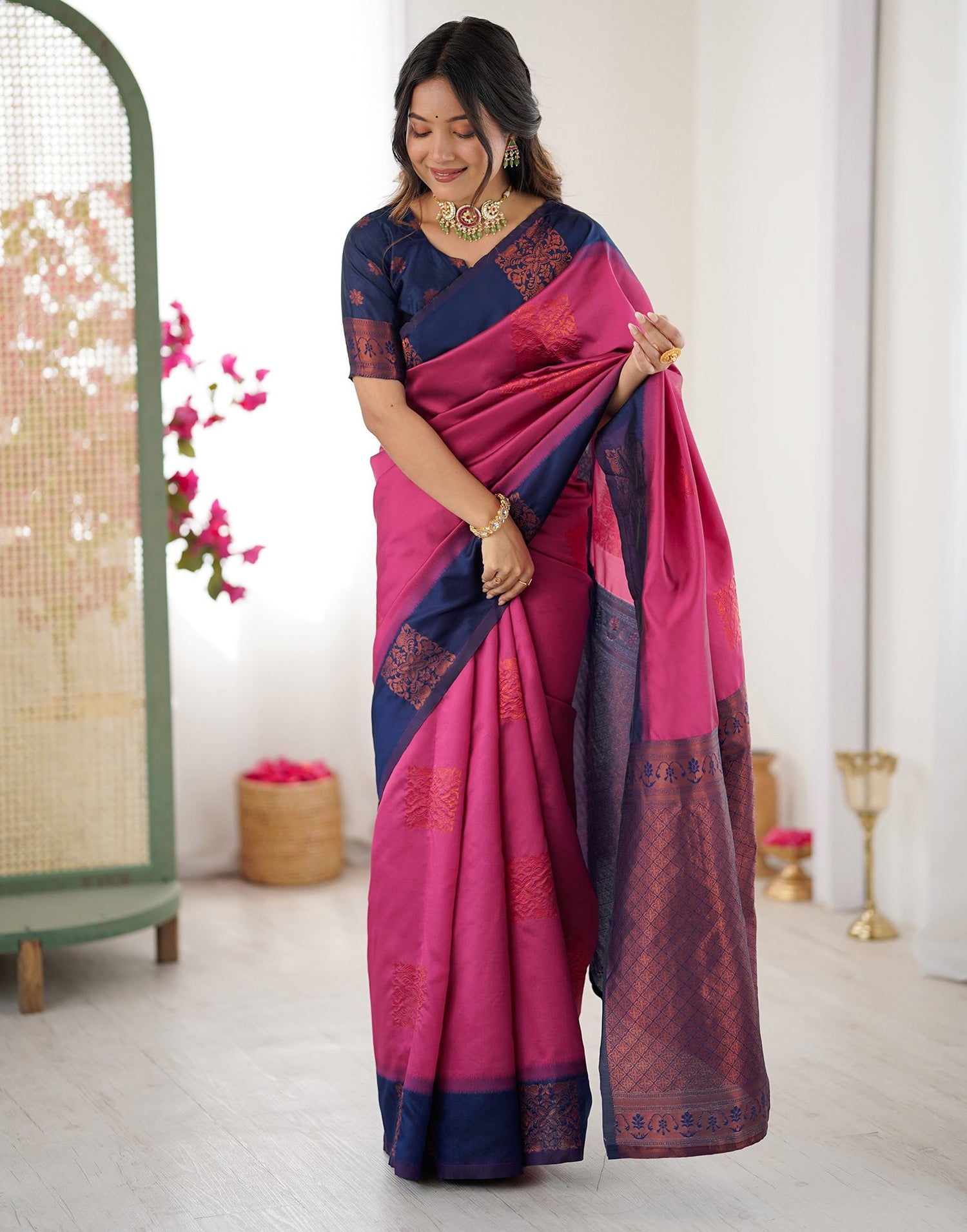 Dusty Rani Pink Silk Woven Saree