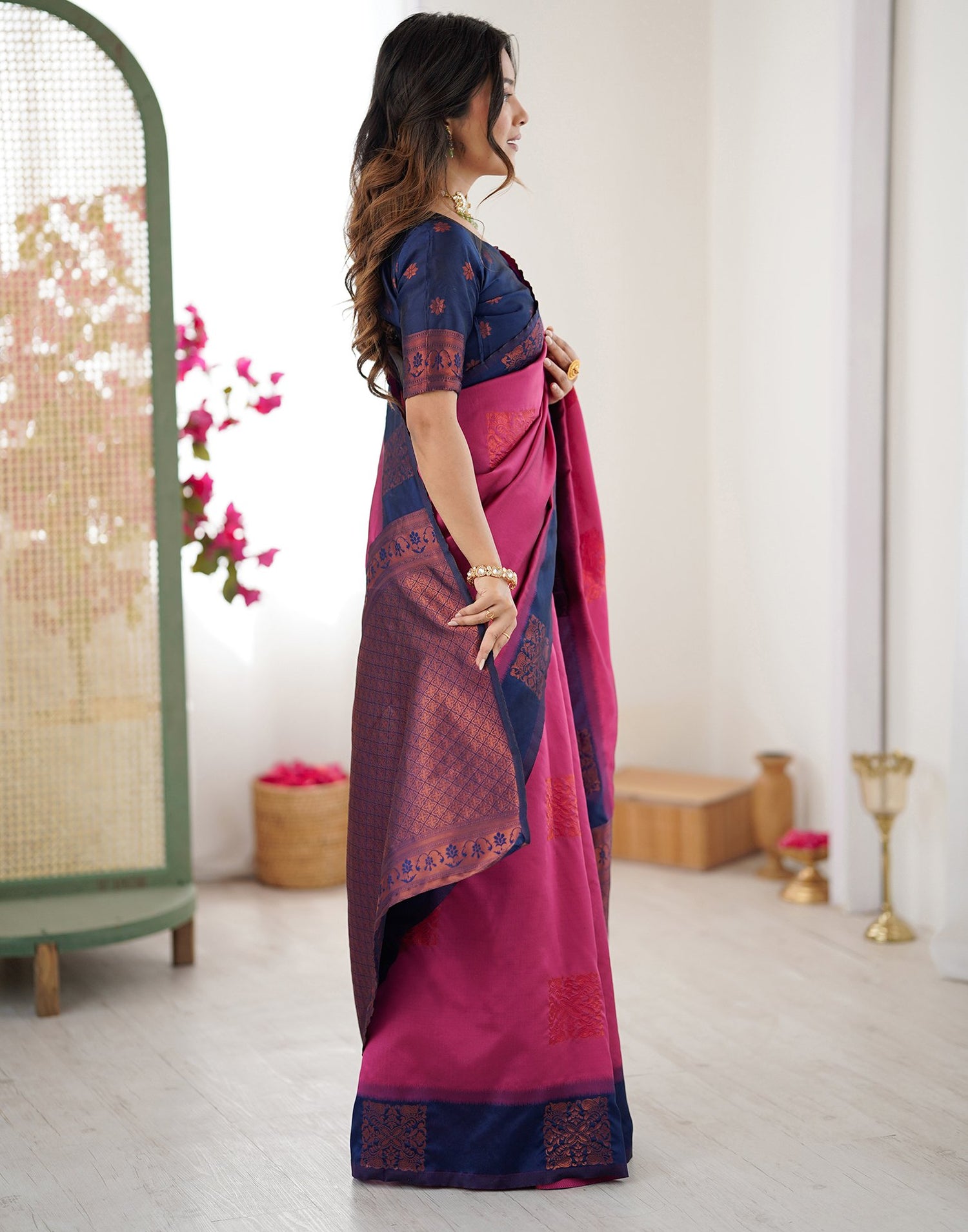 Dusty Rani Pink Silk Woven Saree