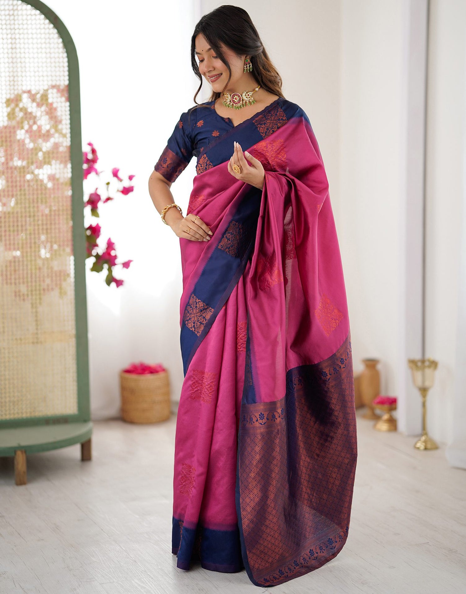 Dusty Rani Pink Silk Woven Saree