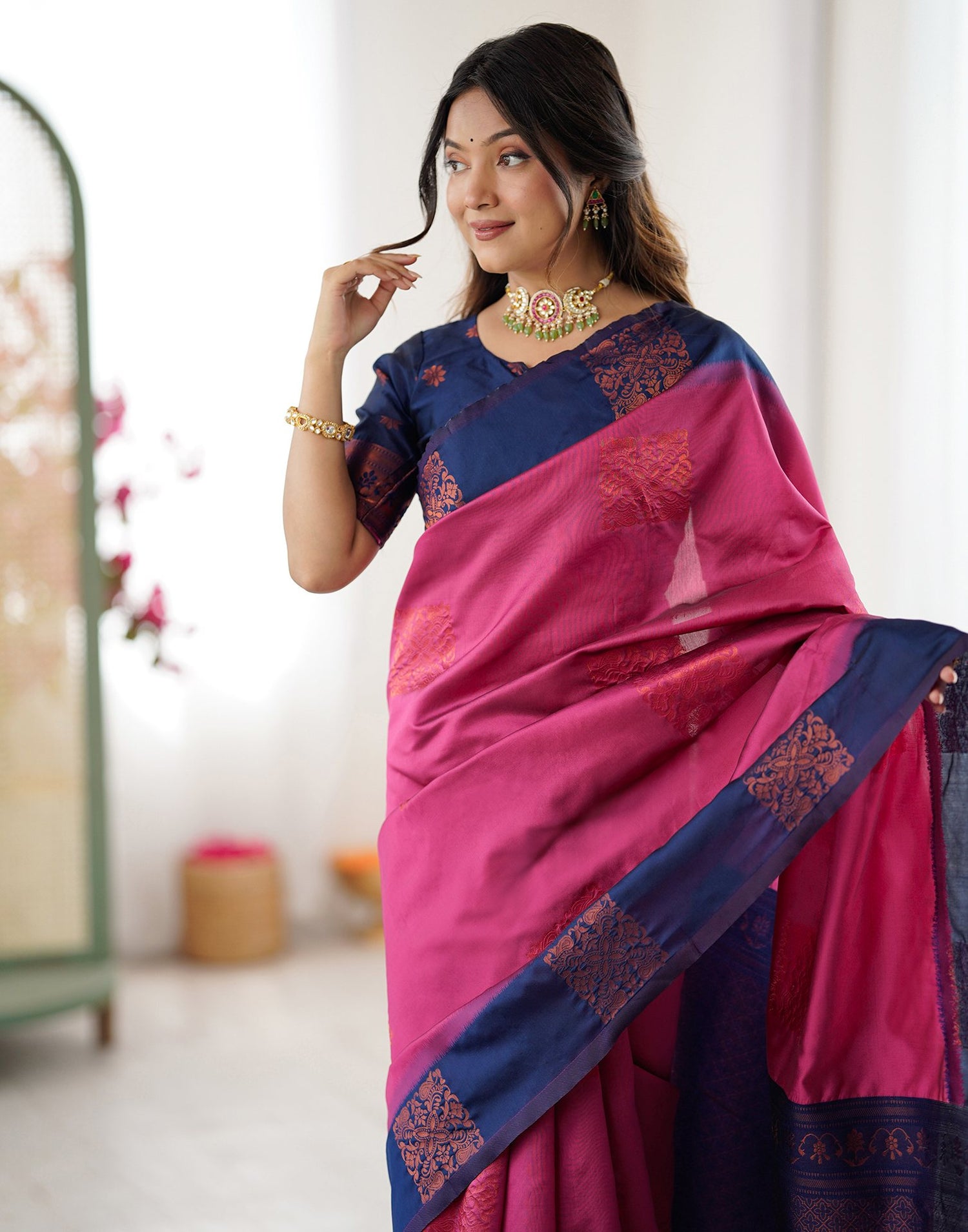 Dusty Rani Pink Silk Woven Saree