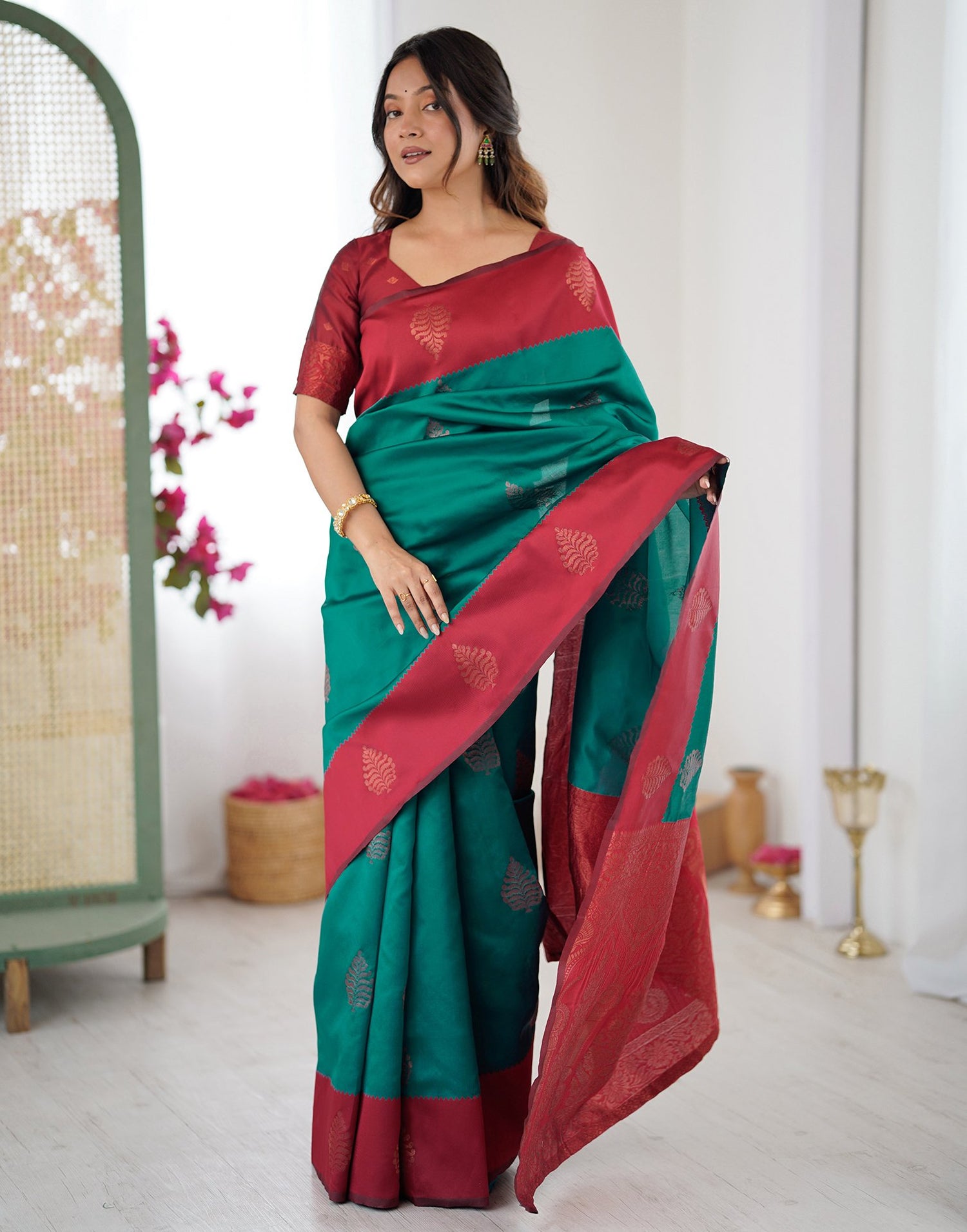 Teal Green Silk Woven Saree