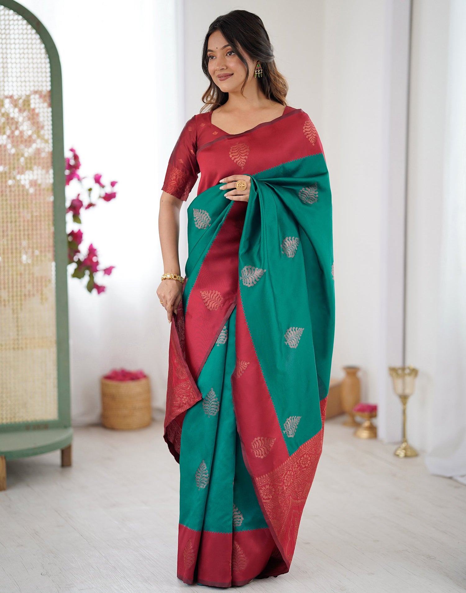 Teal Green Silk Woven Saree