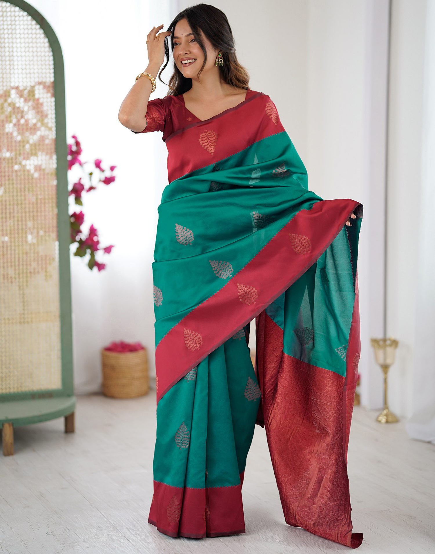 Teal Green Silk Woven Saree